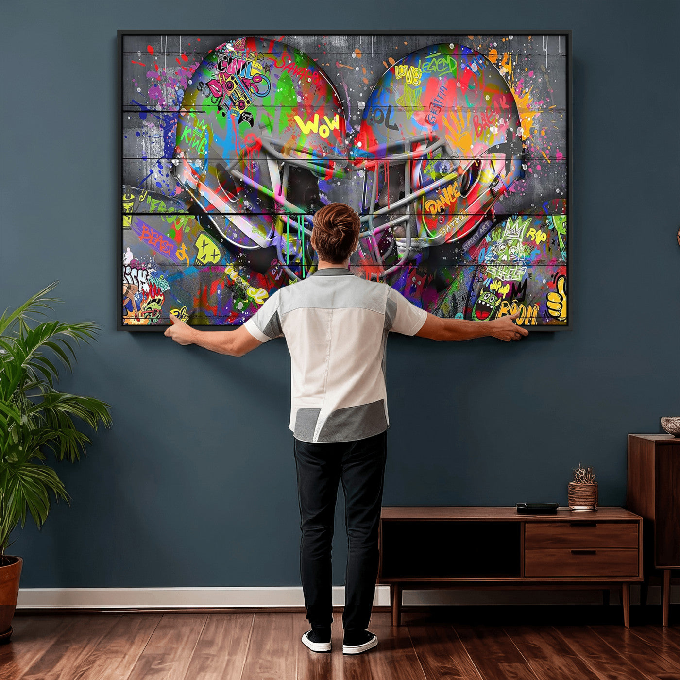 15309853-MGV-CV-36X24 - Graffiti Football Helmets Wall Art Canvas Print, Urban Street Art Sports Decor, Colorful American Football Graffiti Artwork