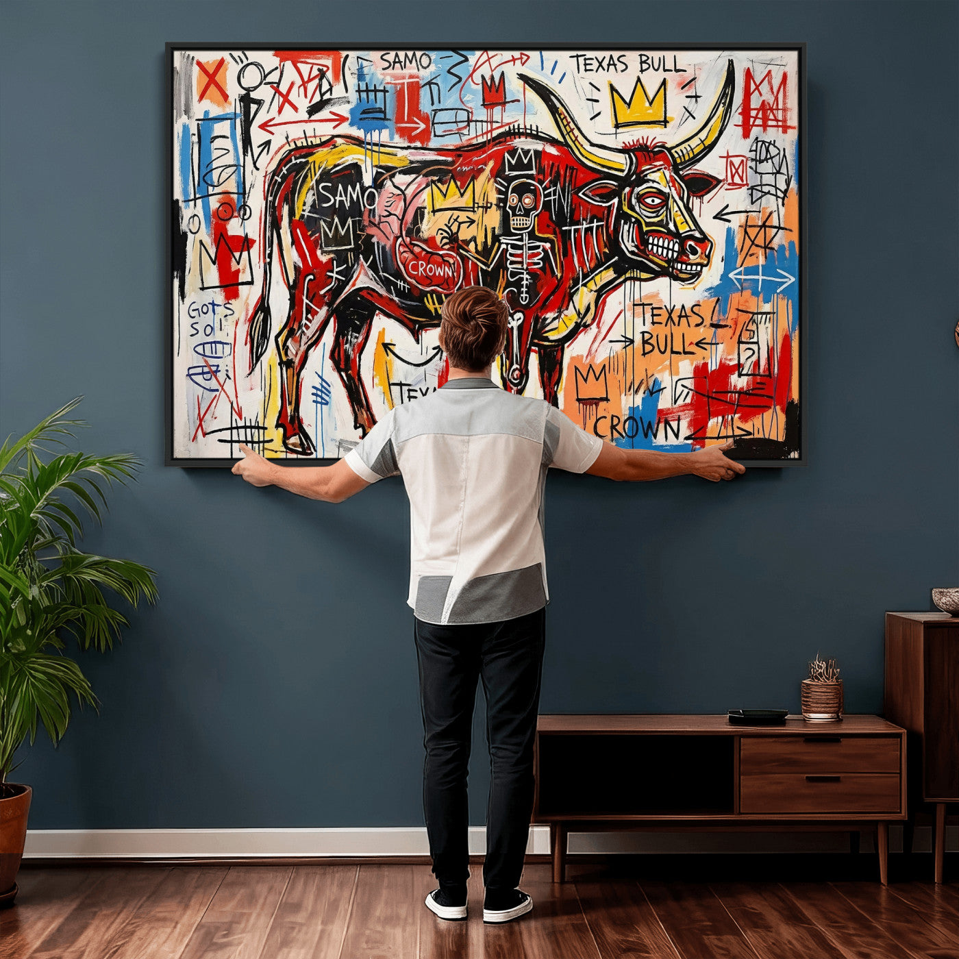 89504579-MGV-CV-36X24 - TITLE: Texas Bull Wall Art Canvas Print, Abstract Graffiti Bull Painting, Western Animal Art, Modern Ranch Decor