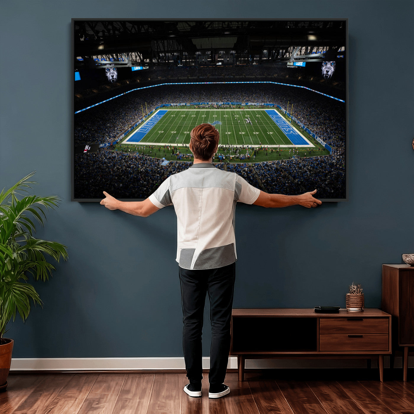 16709602-MGV-CV-36X24 - Detroit Lions Stadium Wall Art Canvas Print, Football Field Panorama Artwork, NFL Game Night Stadium Decor