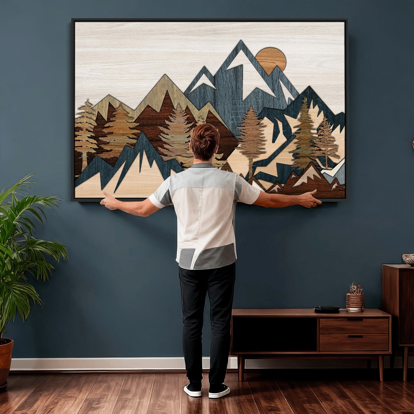 61833055-MGV-CV-36X24 - Mountain Forest Wall Art Canvas Print, Layered Wood Landscape Artwork, Rustic Nature Wall Decor for Living Room