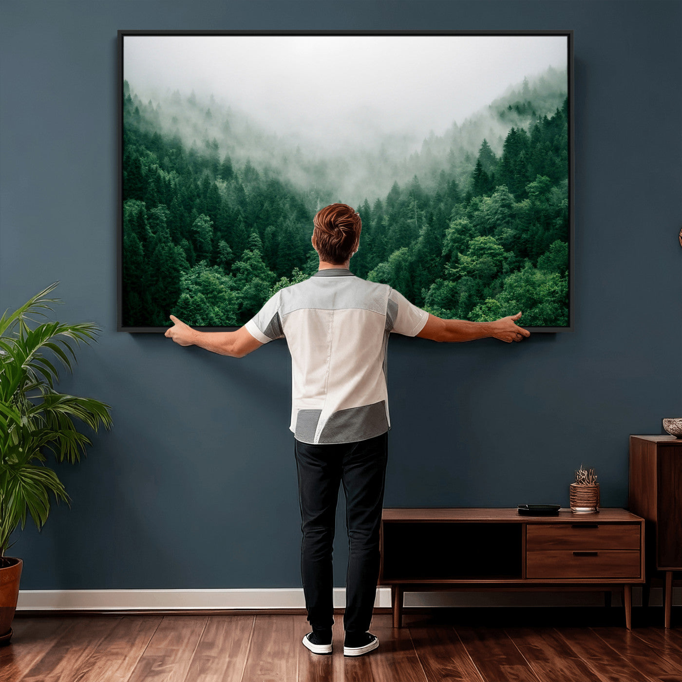 61640815-MGV-CV-36X24 - Misty Pine Forest Wall Art Canvas Print, Foggy Evergreen Landscape Wall Decor, Moody Green Nature Artwork, Minimal Forest Canvas Wall Art, Framed Canvas Wall Art Ready to Hang