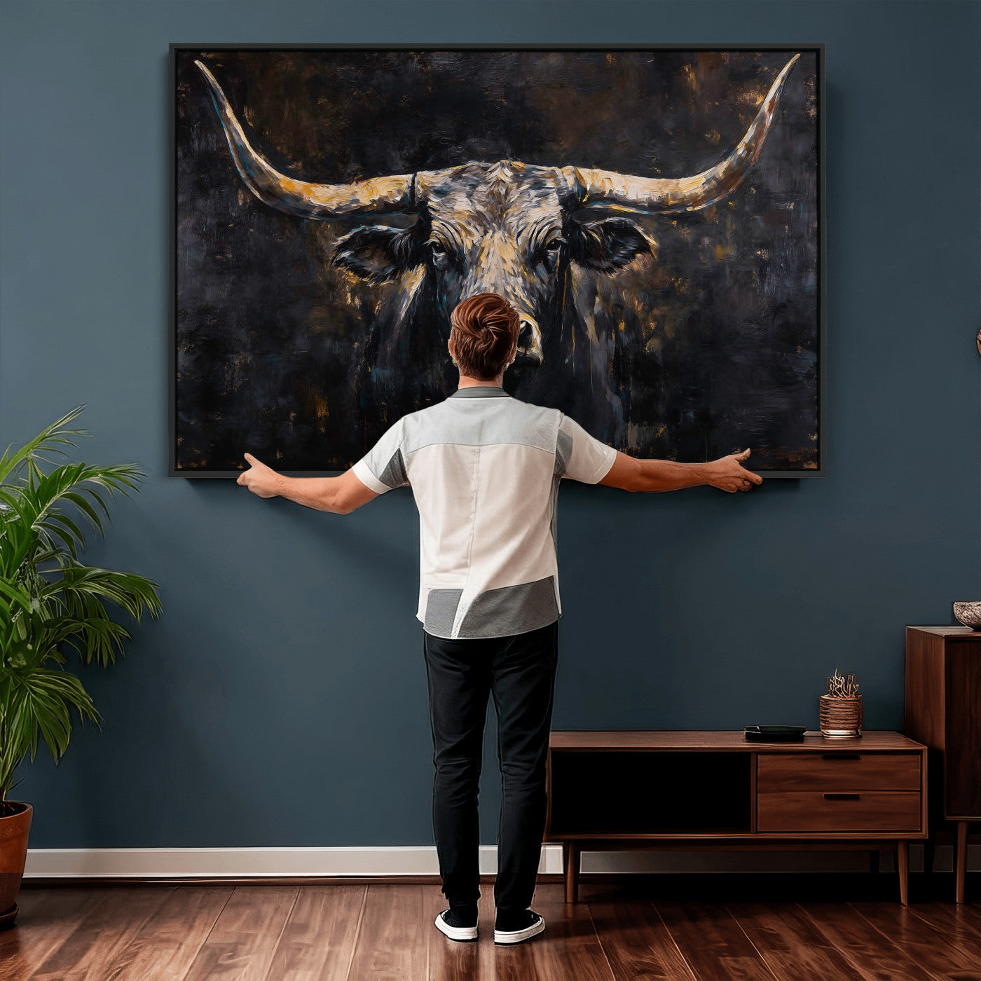 17622011-MGV-CV-36X24 - Abstract Longhorn Bull Wall Art Canvas Print – Dark Rustic Western Cattle Artwork for Farmhouse, Ranch, Cabin, and Office Decor