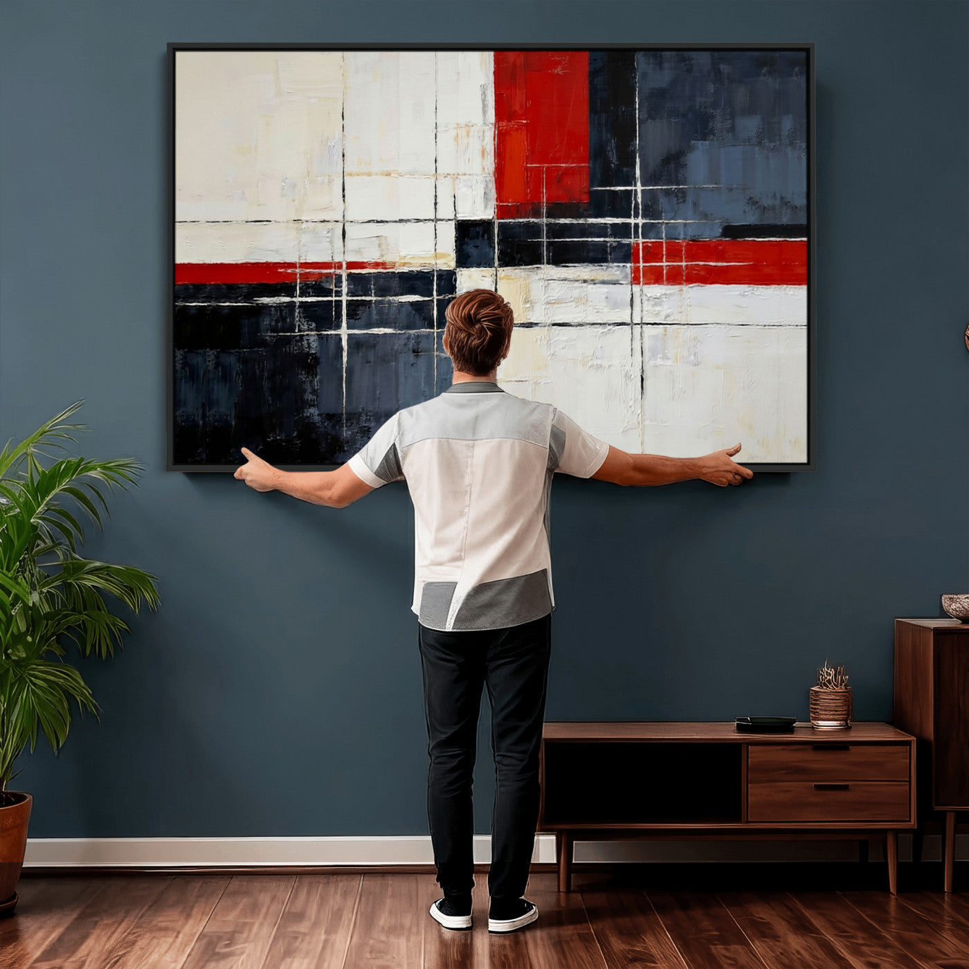 44088165-MGV-CV-36X24 - Navy Red Abstract Wall Art Canvas Print, Modern Luxury Geometric Painting Wall Decor for Living Room and Office