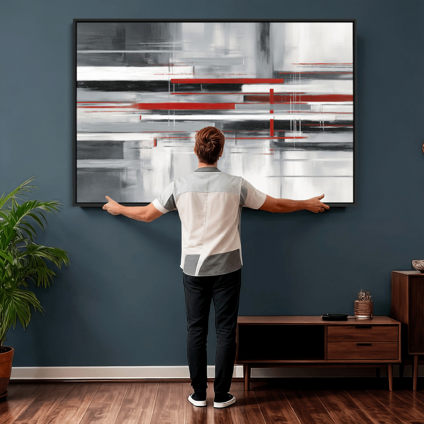 62640681-MGV-CV-36X24 - Gray Red Abstract Wall Art Canvas Print, Modern Abstract Canvas Wall Decor for Contemporary Living Room and Office