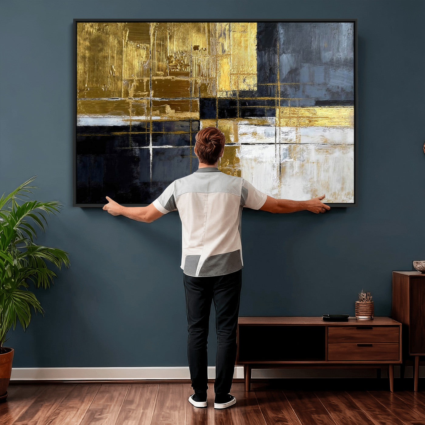 76917030-MGV-CV-36X24 - Gold Navy Abstract Wall Art Canvas Print, Modern Luxury Geometric Painting Wall Decor for Living Room and Office