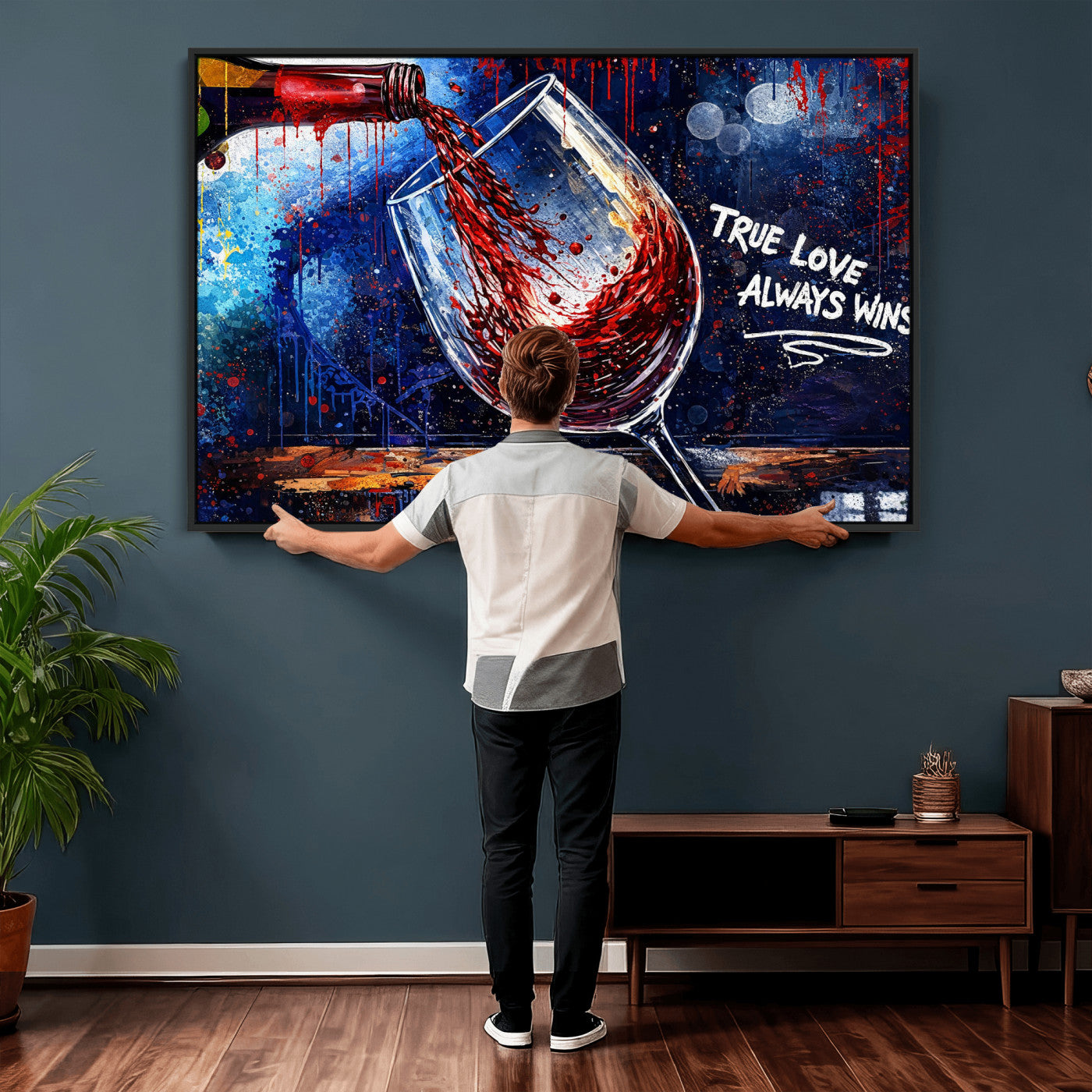 88788932-MGV-CV-36X24 - Red Wine Splash Abstract Wall Art Canvas Print, Modern Wine Glass Painting Canvas Print, Romantic Quote Contemporary Bar Art Print