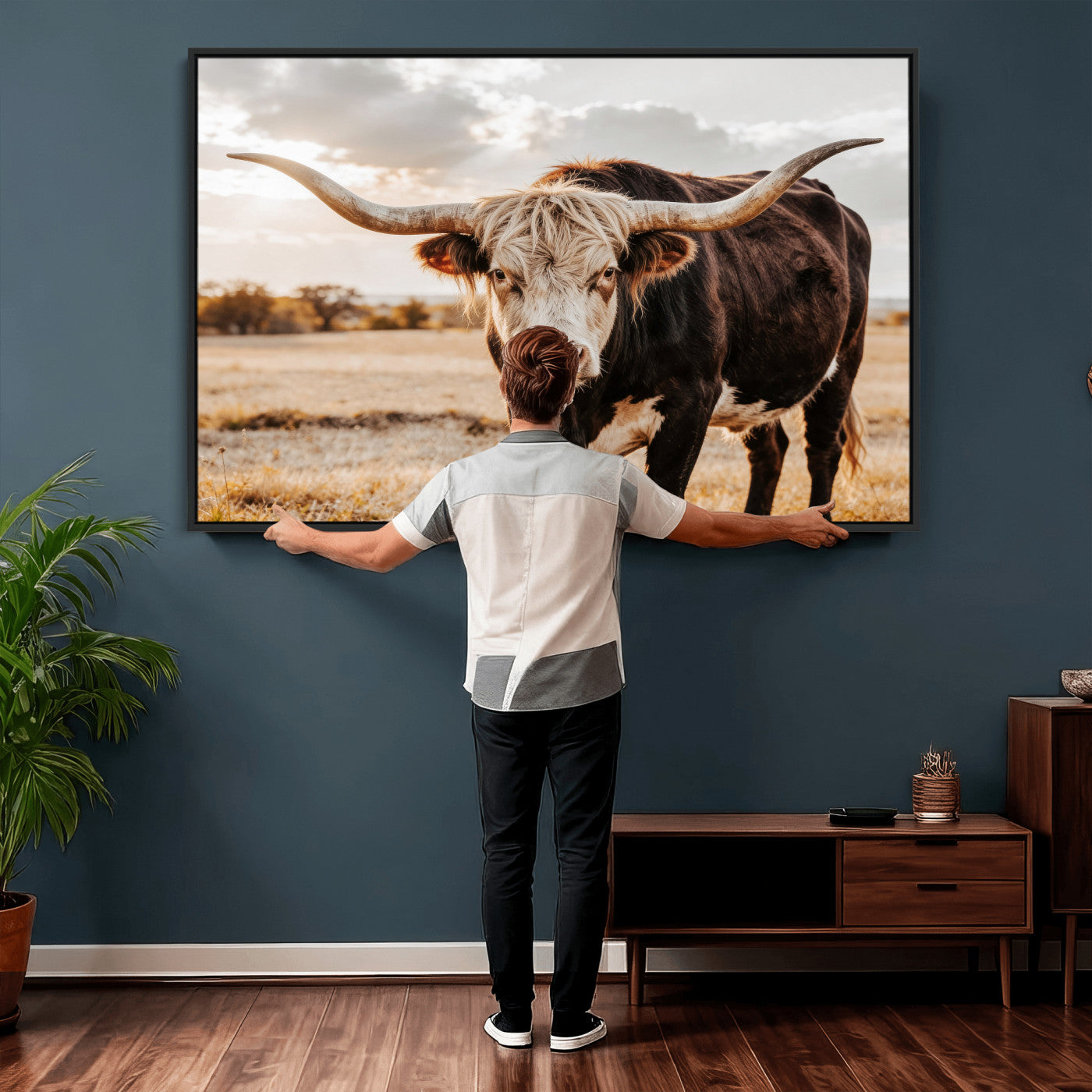 88230279-MGV-CV-36X24 - Texas Longhorn Bull Rustic Wall Art Canvas Print, Western Cattle Photography Canvas Print, Ranch Farm Animal Western Art Printing