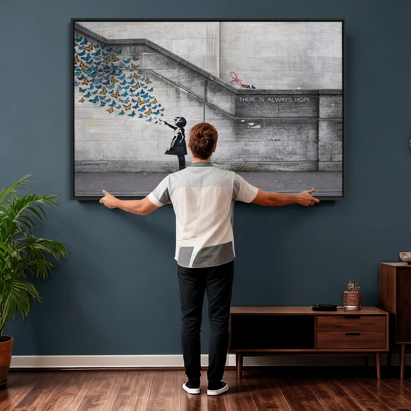 15274223-MGV-CV-36X24 - Banksy Girl with Butterflies Street Art Wall Art Canvas Print, Hope Graffiti Urban Art Canvas Print, Minimalist Inspirational Street Art Contemporary Art Printing