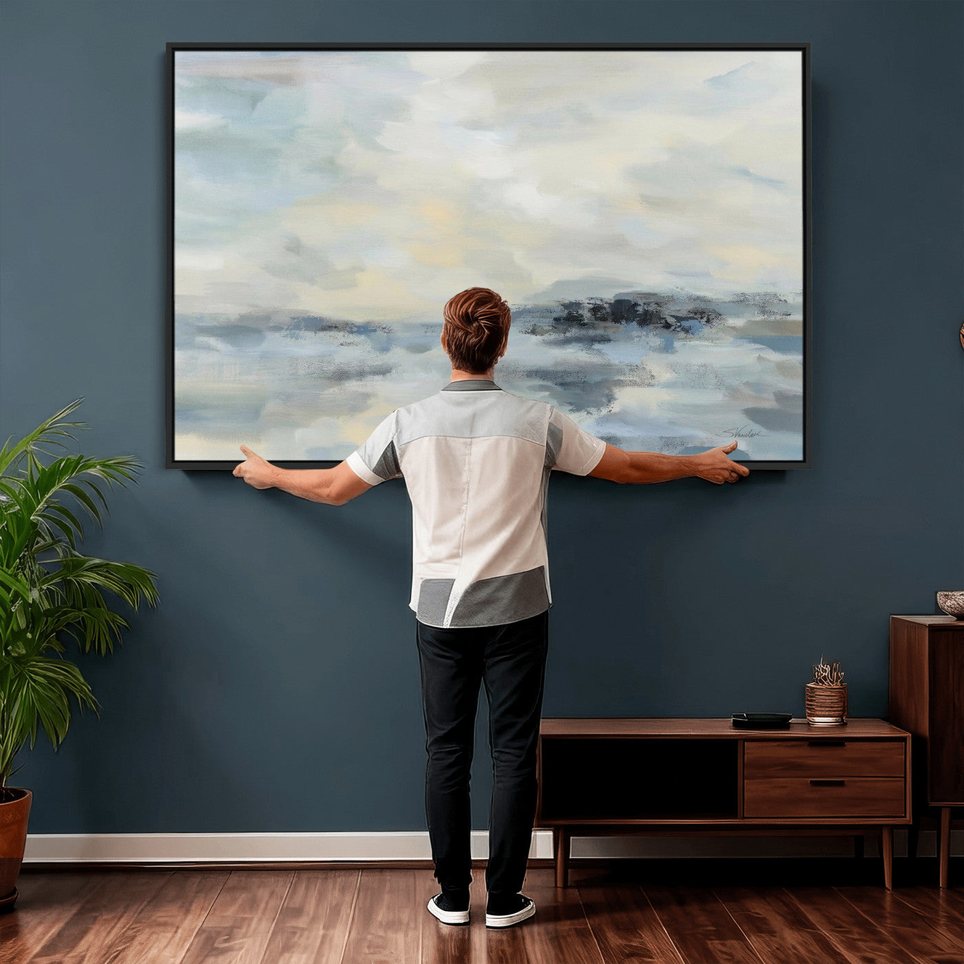 24647355-MGV-CV-36X24 - Abstract Coastal Landscape Wall Art Canvas Print – Soft Blue Gray Minimalist Painting
