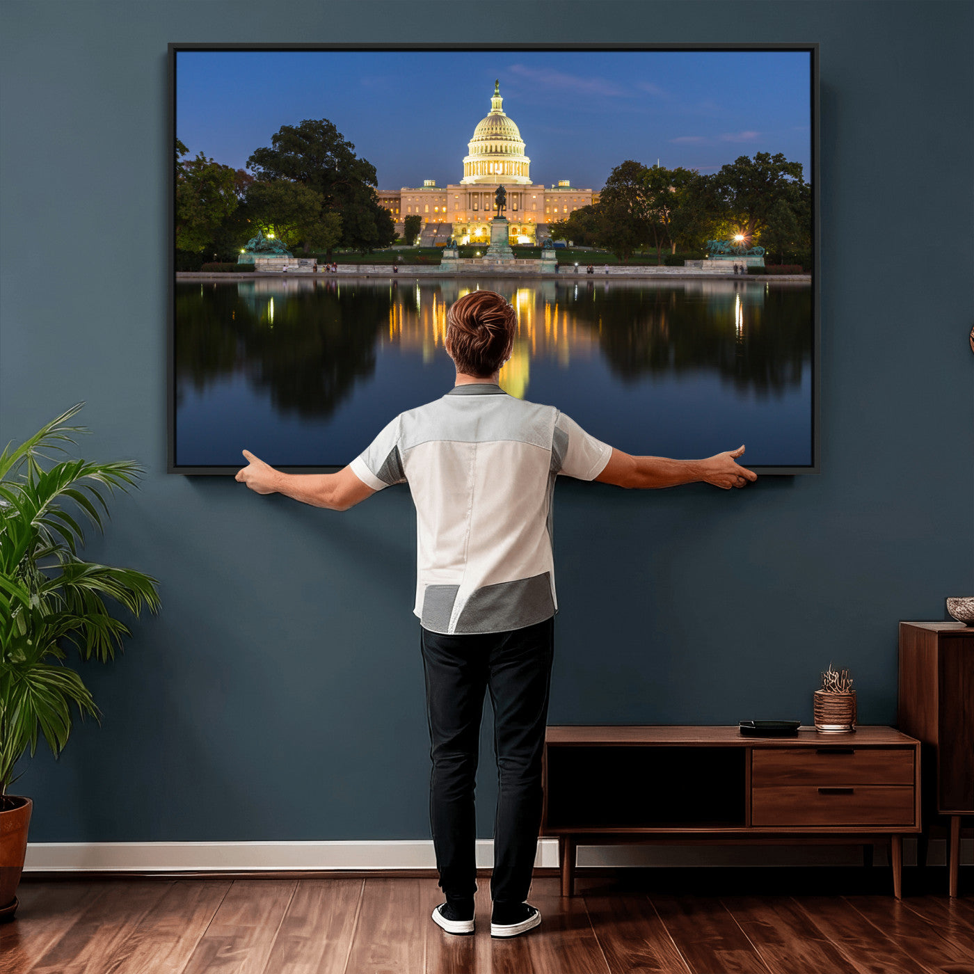 95568590-MGV-CV-36X24 - US Capitol Building Wall Art Canvas Print – Washington DC Landmark Night Reflection Artwork for Office Decor