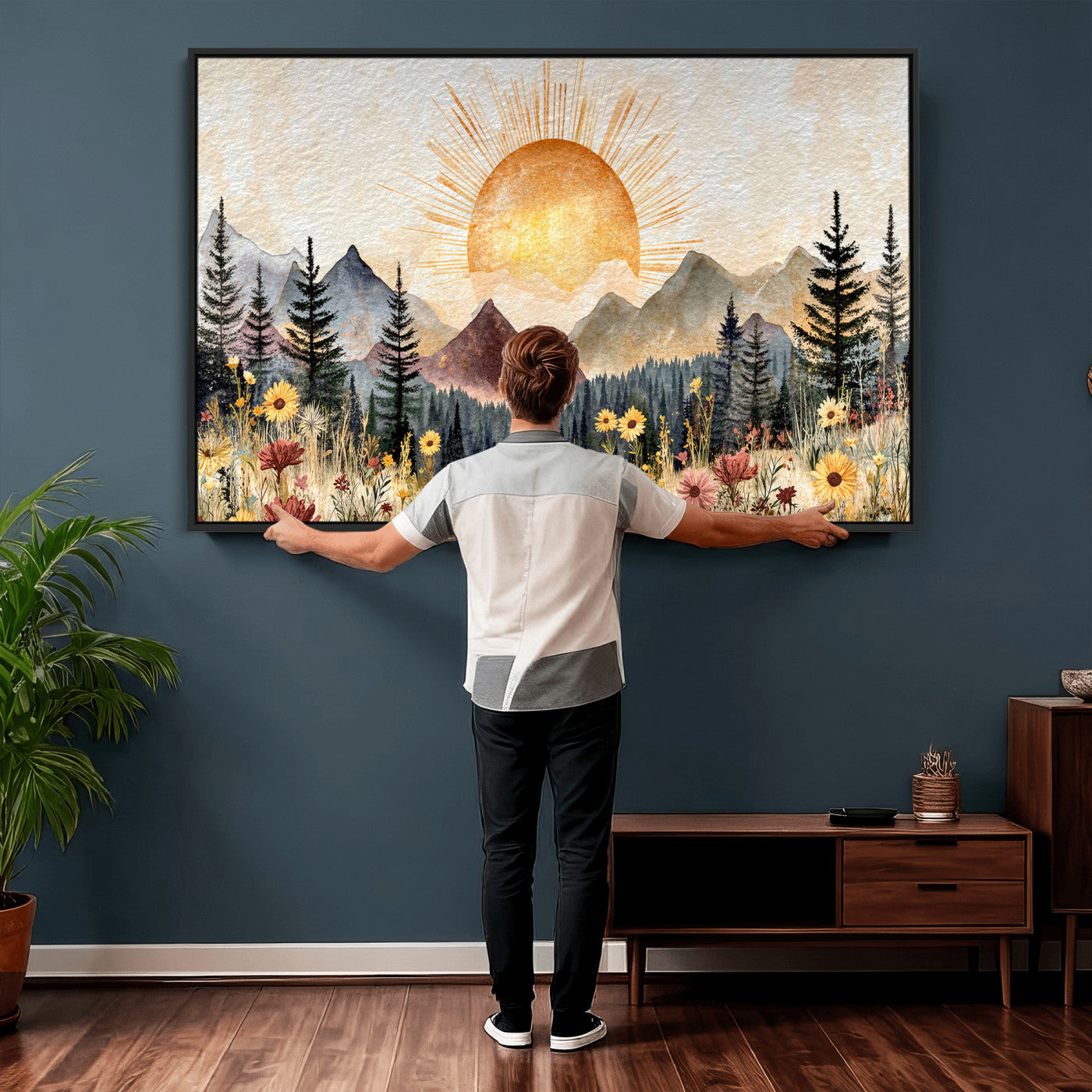69025244-MGV-CV-36X24 - Boho Mountain Landscape Large Wall Art, Horizontal Gold Framed Canvas Print with Sun and Flowers