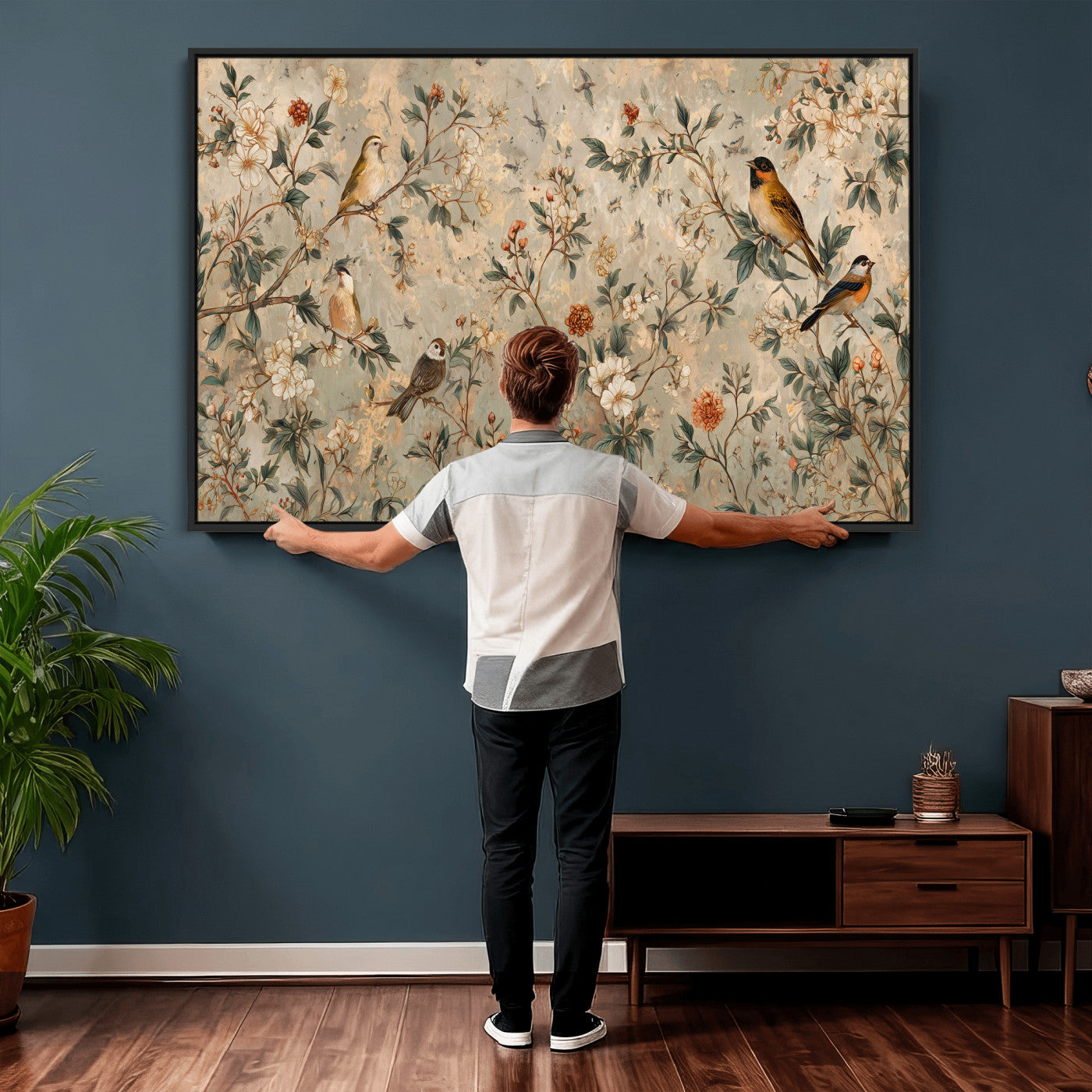 76588438-MGV-CV-36X24 - Vintage Birds and Flowers Wall Art Canvas Print, Botanical Bird Painting Canvas Print, Floral Garden Bird Artwork Canvas Print, Classic Bird Flower Painting Canvas Print