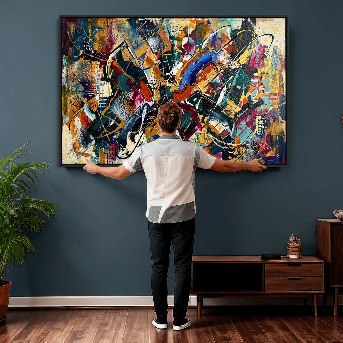 15525527-MGV-CV-36X24 - Geometric Abstract Wall Art Canvas Print, Orange Blue Abstract Expressionist Painting Print, Modern Geometric Abstract Canvas Art