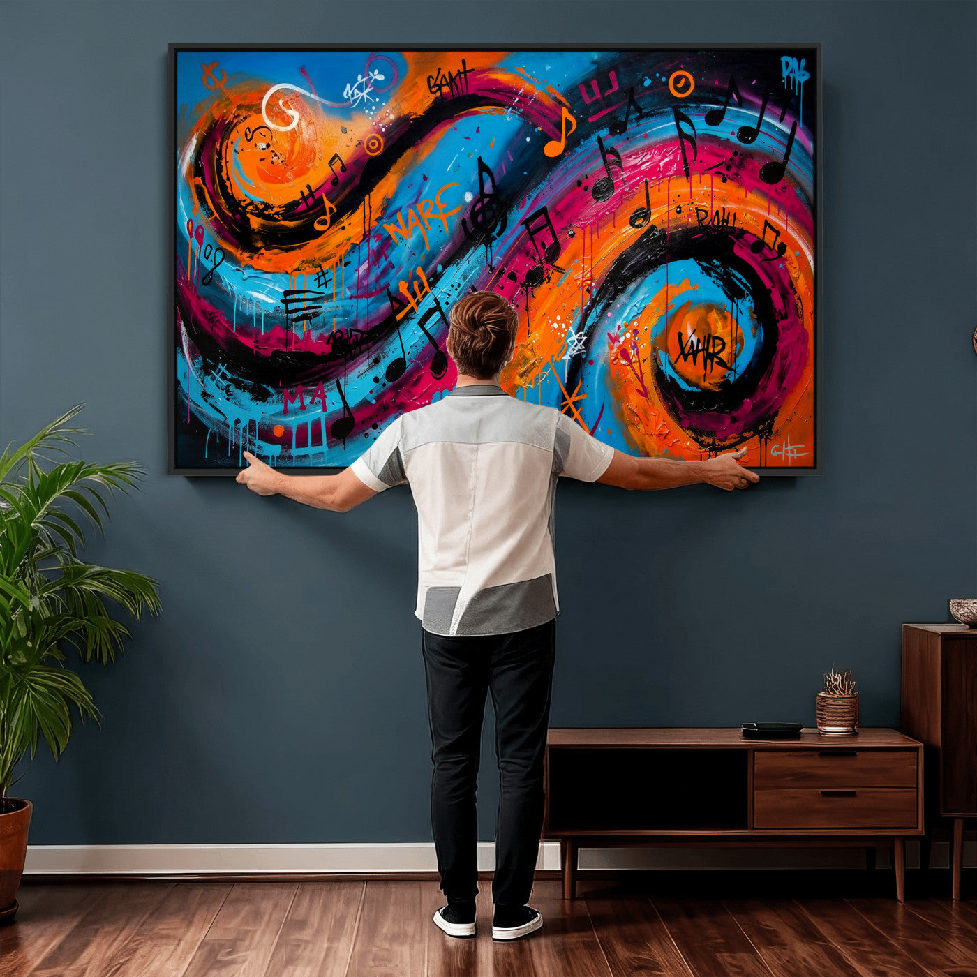 34936518-MGV-CV-36X24 - Geometric Abstract Wall Art Canvas Print, Orange Blue Abstract Expressionist Painting Print, Modern Geometric Abstract Canvas Art