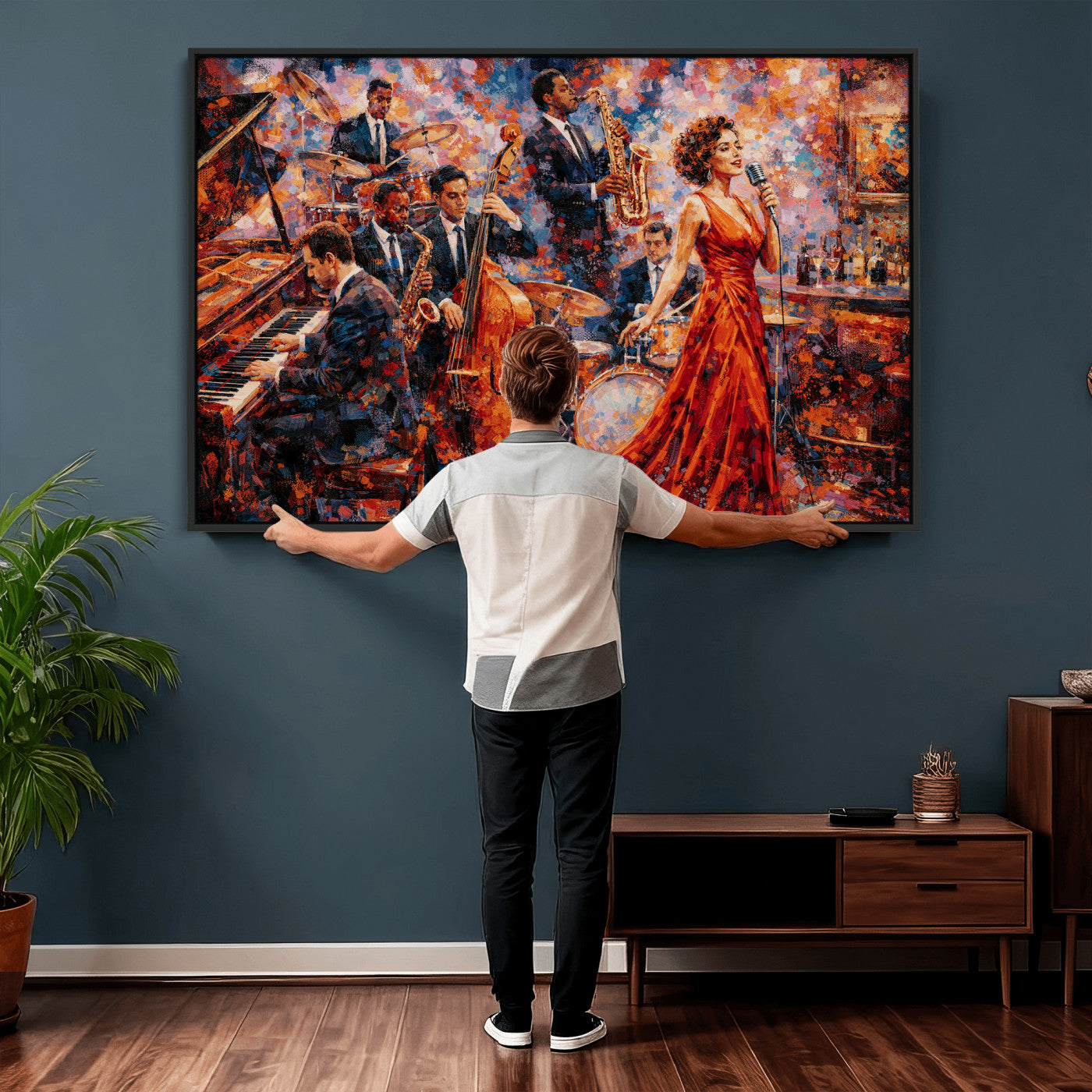 620930SF20-MGV-CV-36X24 - Jazz Band Canvas Wall Art — Jazz Club Singer Saxophone Print | Music Wall Decor | Bar Restaurant Art | Music Lover Gift | Jazz Home Decor