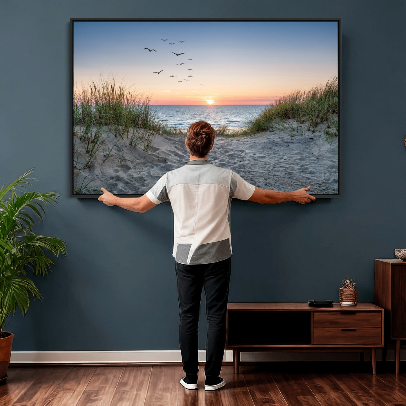 12172032-MGV-CV-36X24 - Sandy Dune Path Sunset Canvas Wall Art — Seagulls Beach Ocean Photography Print | Coastal Home Decor | Nautical Wall Art | Beach House Gift