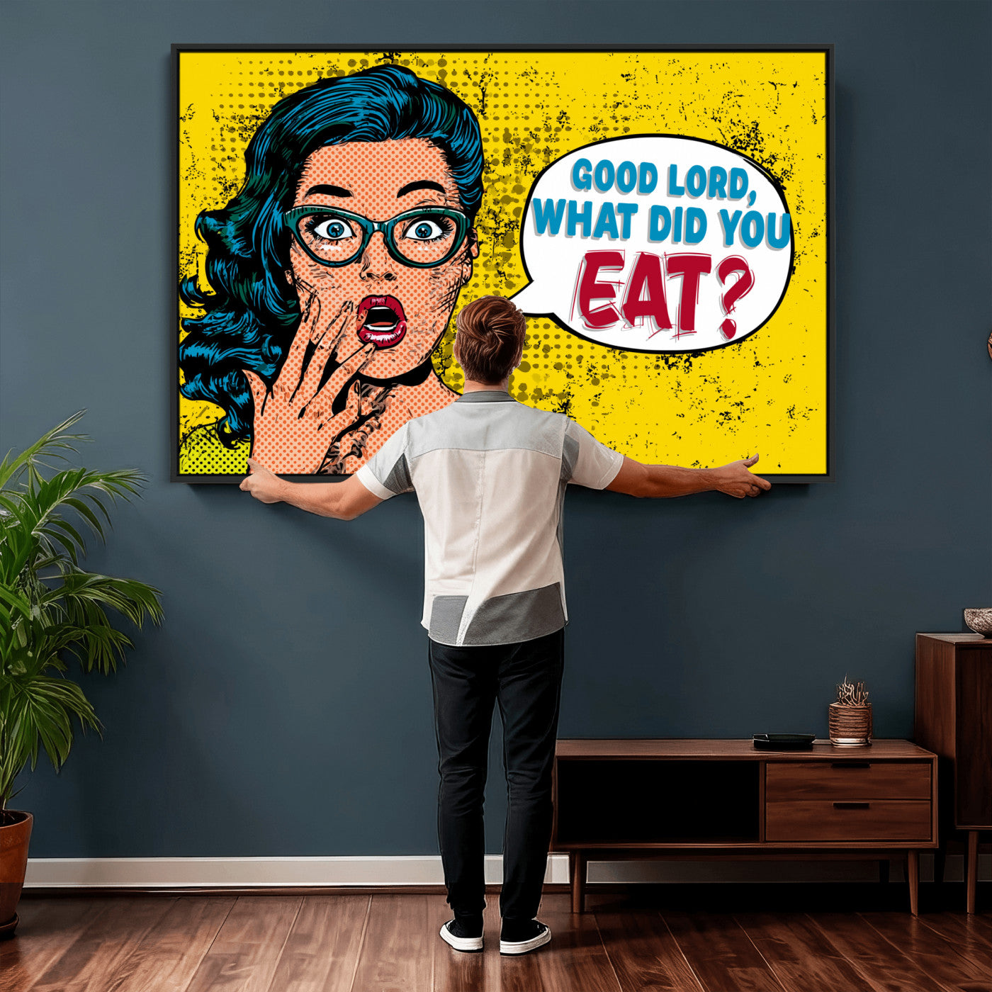 88217969-MGV-CV-36X24 - Pop Art Print Bathroom Sign Wall Art Canvas Print — Funny Bathroom Canvas | Comic Style Toilet Wall Decor | Humor Gift | Yellow Bold Bathroom Art