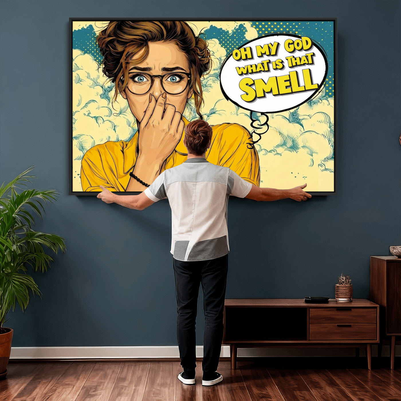 B79156505-MGV-CV-36X24 - Pop Art Print Bathroom Sign Wall Art Canvas Print — Funny Bathroom Canvas | Comic Style Toilet Wall Decor | Humor Gift | What is that Smell