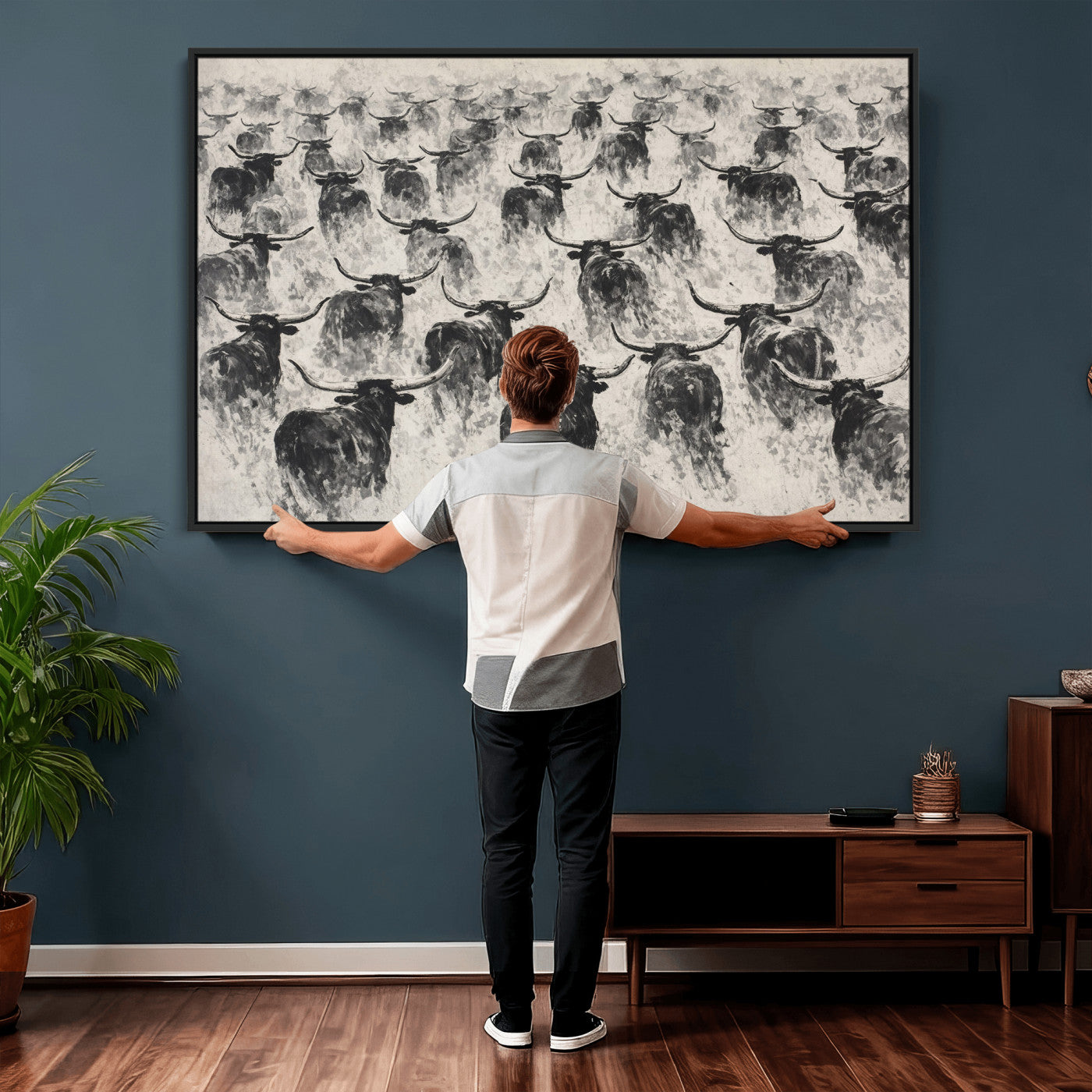 73328525-MGV-CV-36X24 - Texas Longhorn Drawing Canvas Wall Art, Western Cattle Stampede Painting Print, Warm Amber Ranch Decor, Rustic Cowboy Home Art, Large Living Room Decor