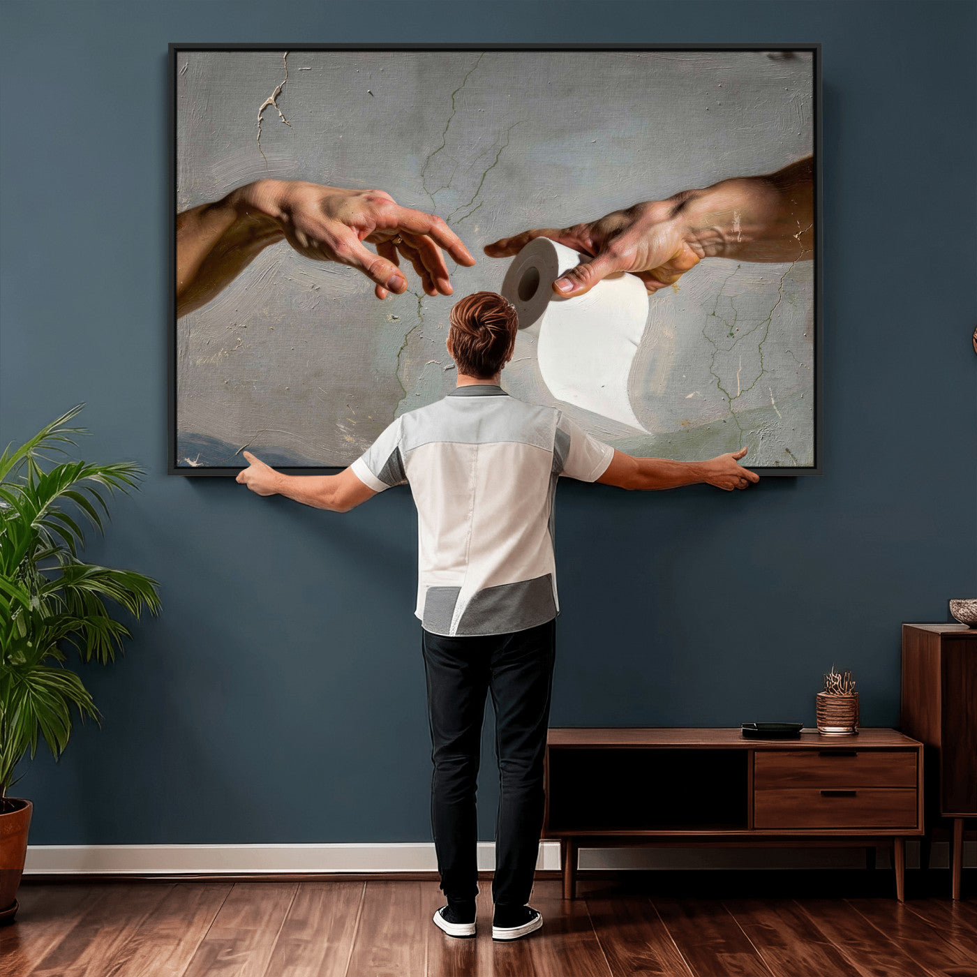 72030048-MGV-CV-36X24 - Funny Bathroom Wall Art Canvas, Creation of Toilet Paper Parody Print, Renaissance Humor Decor, Toilet Room Art, Quirky Housewarming Gift, Classic Art Spoof