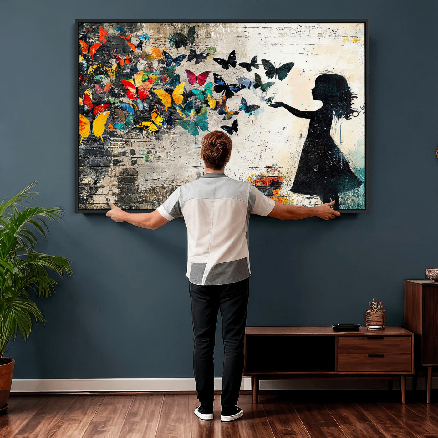 33909022-MGV-CV-36X24 - Banksy Butterfly Girl Wall Art Canvas Print, Framed Street Art Silhouette Graffiti Artwork, Colorful Butterfly Wall Decor for Living Room Bedroom Office
