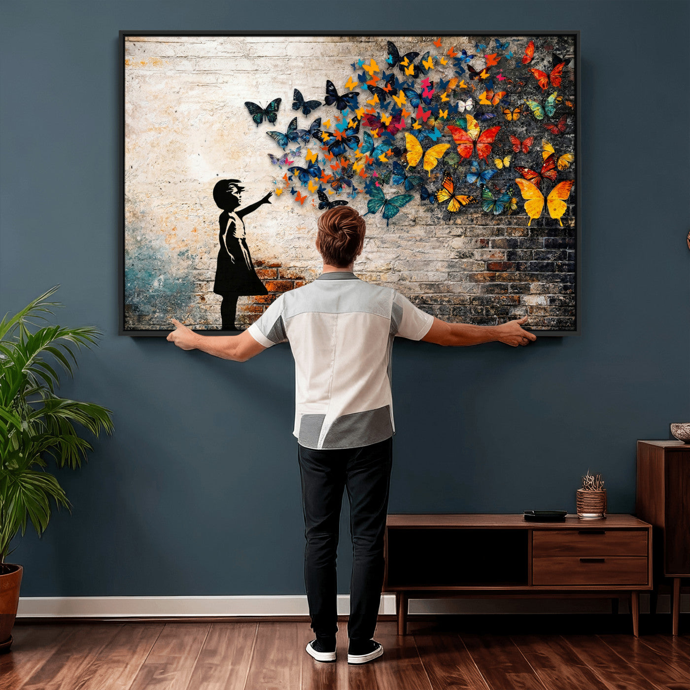 78760384-MGV-CV-36X24 - Banksy Graffiti Butterfly Girl Wall Art Canvas Print, Framed Street Art Canvas Print, Silhouette Butterfly Wall Art for Living Room Bedroom Office