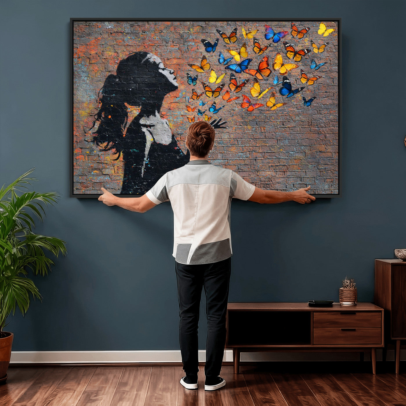 10555939-MGV-CV-36X24 - Urban Banksy Butterfly Girl Wall Art Canvas Print, Framed Street Art Canvas Print, Graffiti Silhouette Butterfly Wall Art for Living Room Bedroom Office