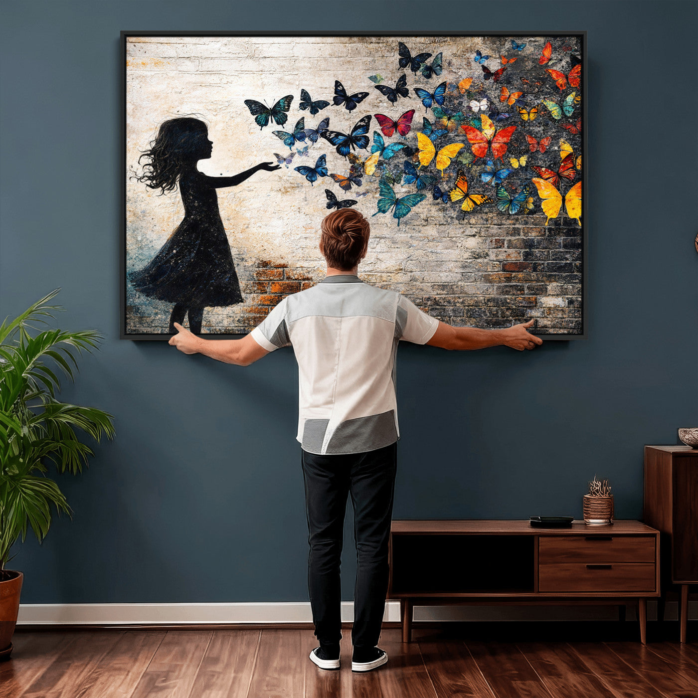 70522594-MGV-CV-36X24 - Banksy Butterfly Girl Wall Art Canvas Print, Framed Street Art Canvas Print, Graffiti Silhouette Butterfly Wall Art for Living Room Bedroom Office