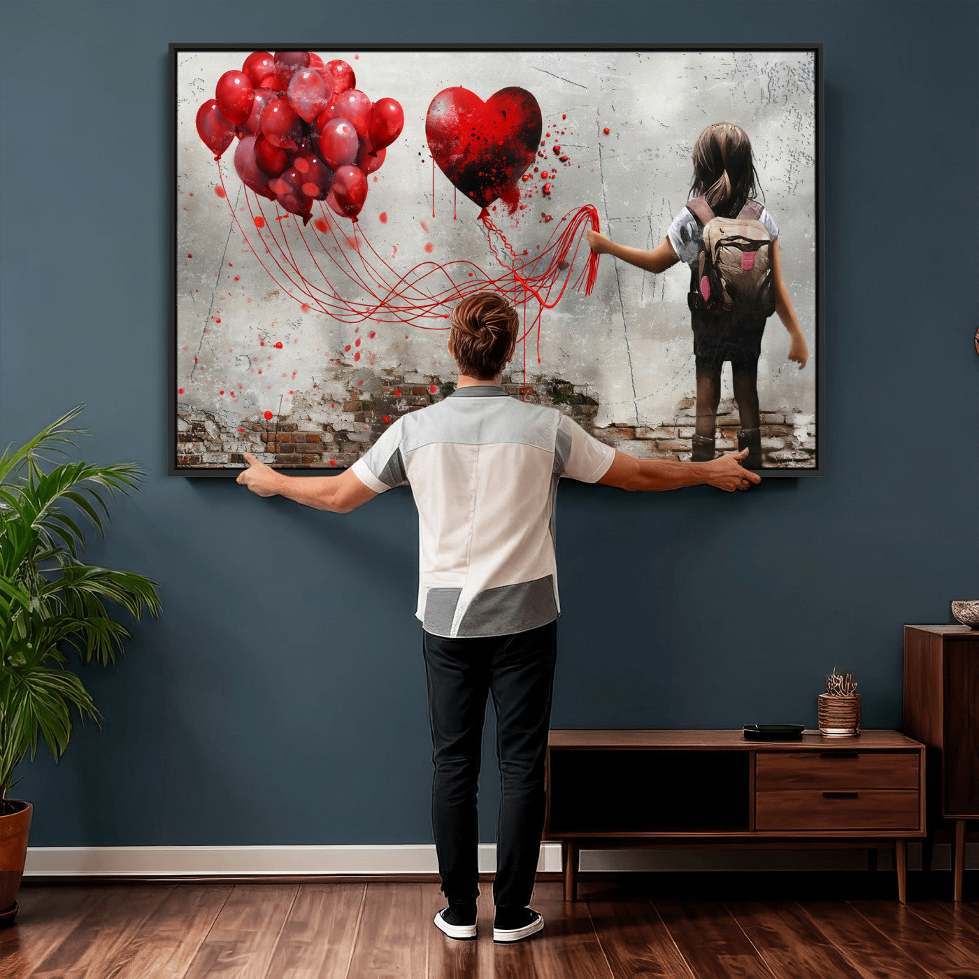2162830T-MGV-CV-36X24 - Girl Graffiti Wall Art Canvas Print, Red Balloon Heart Street Art, Urban Love Artwork for Living Room Bedroom Hallway Office, Modern Abstract Canvas Wall Decor Home Decor