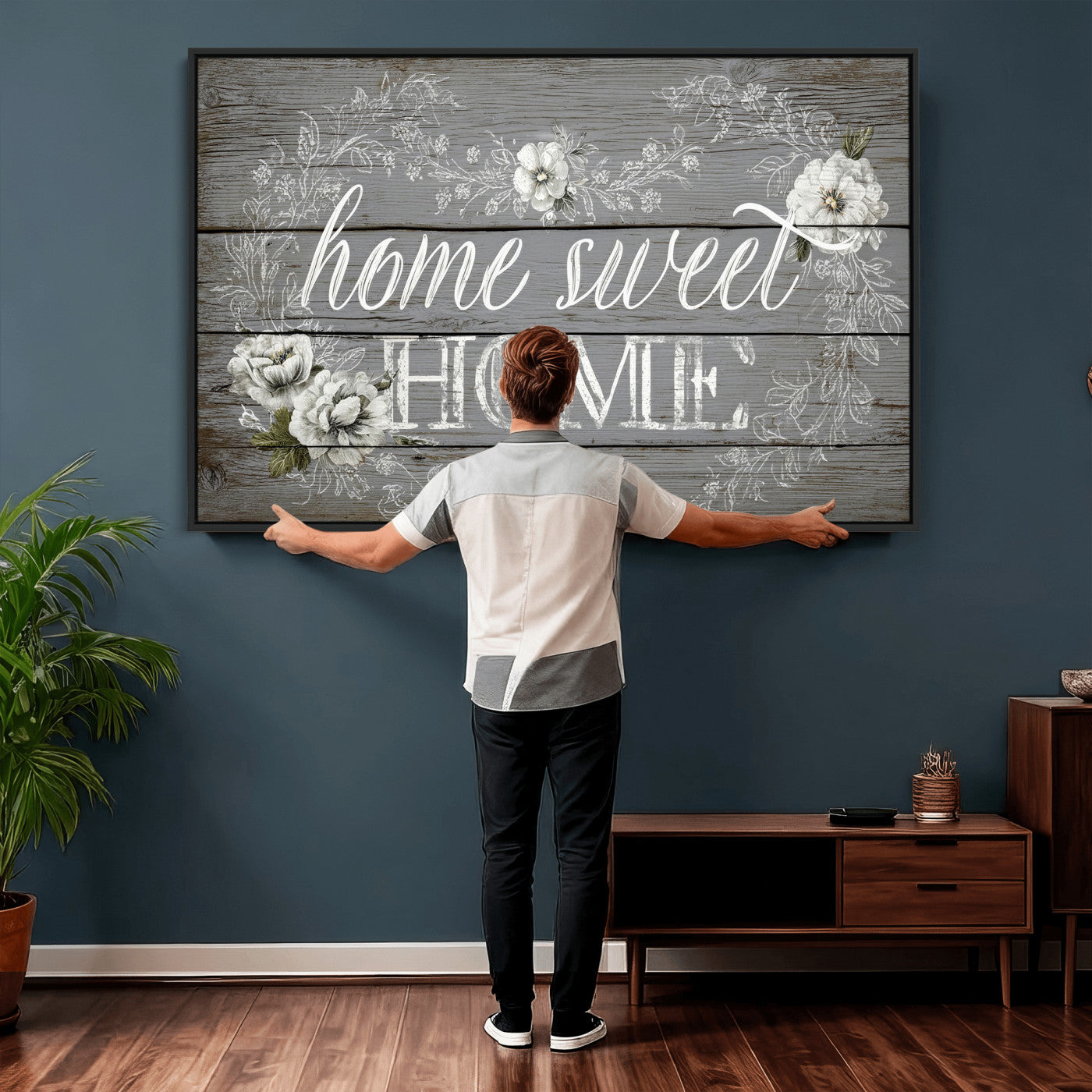 42160089-MGV-CV-36X24 - Home Sweet Home Sign Wall Art Canvas Print, Floral Farmhouse Sign, Rustic Neutral Entryway Bedroom Living Room Decor