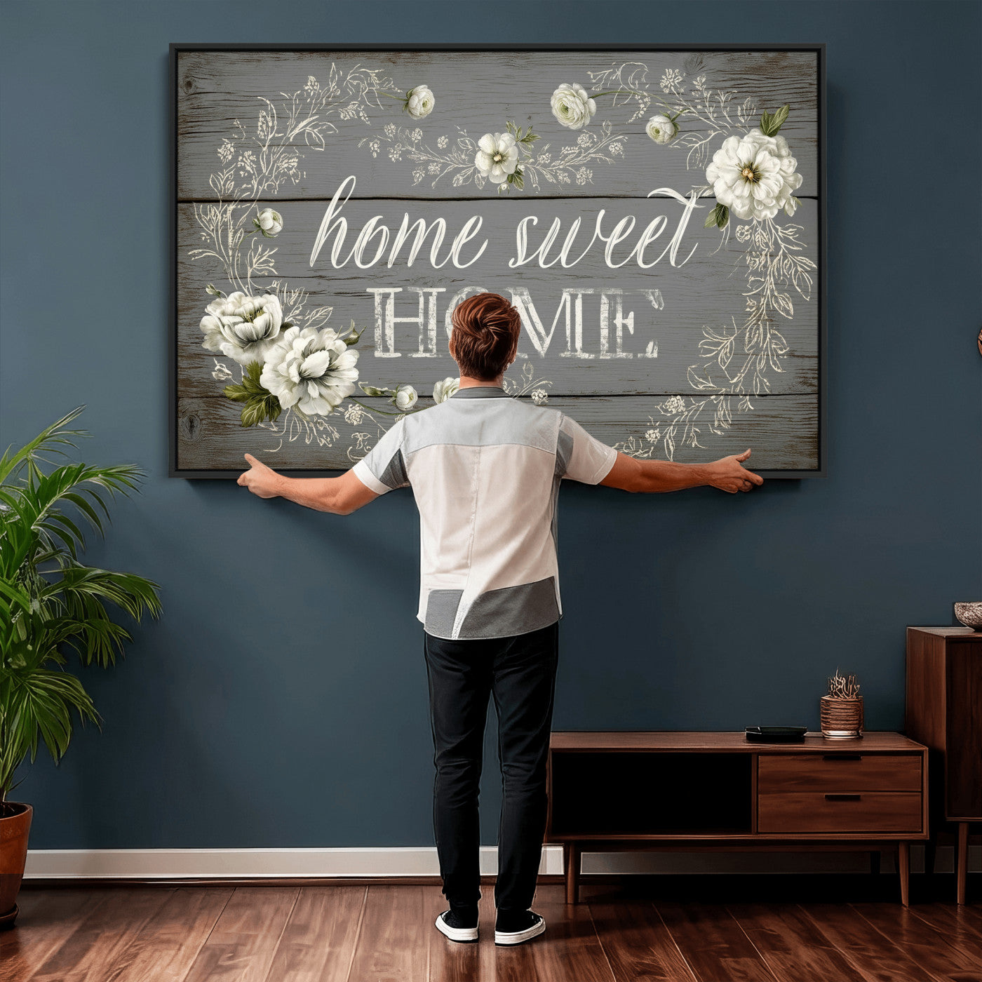 32056075-MGV-CV-36X24 - Home Sweet Home Wall Art Canvas Print, Floral Farmhouse Sign, Rustic Neutral Entryway Bedroom Living Room Decor