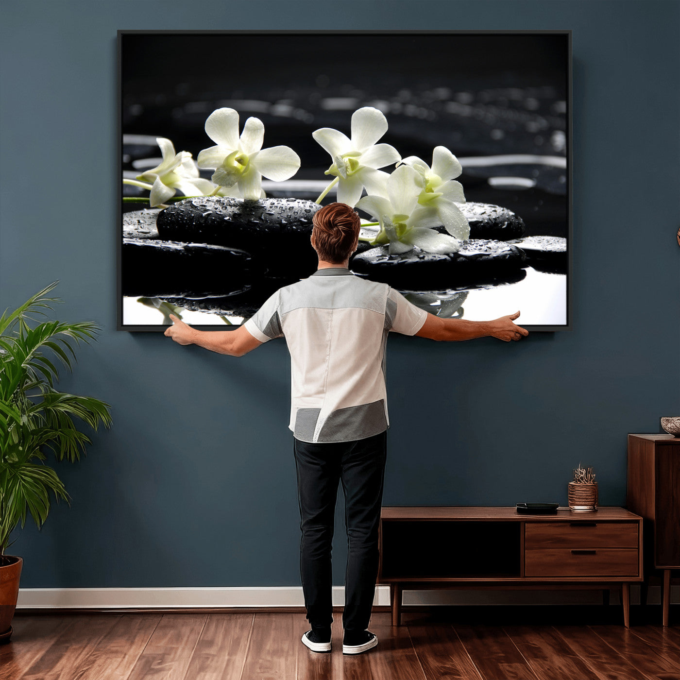 79486206-MGV-CV-36X24 - Plumeria Frangipani Black Stone Canvas | White Flower Spa Photography Print | Tropical Zen Wall Art | Grey Pebble Floral for Meditation Room Decor