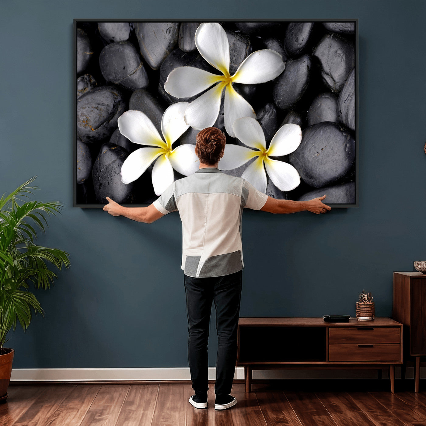43639613-MGV-CV-36X24 - Plumeria Frangipani Black Stone Canvas | White Flower Spa Photography Print | Tropical Zen Wall Art | Grey Pebble Floral Decor
