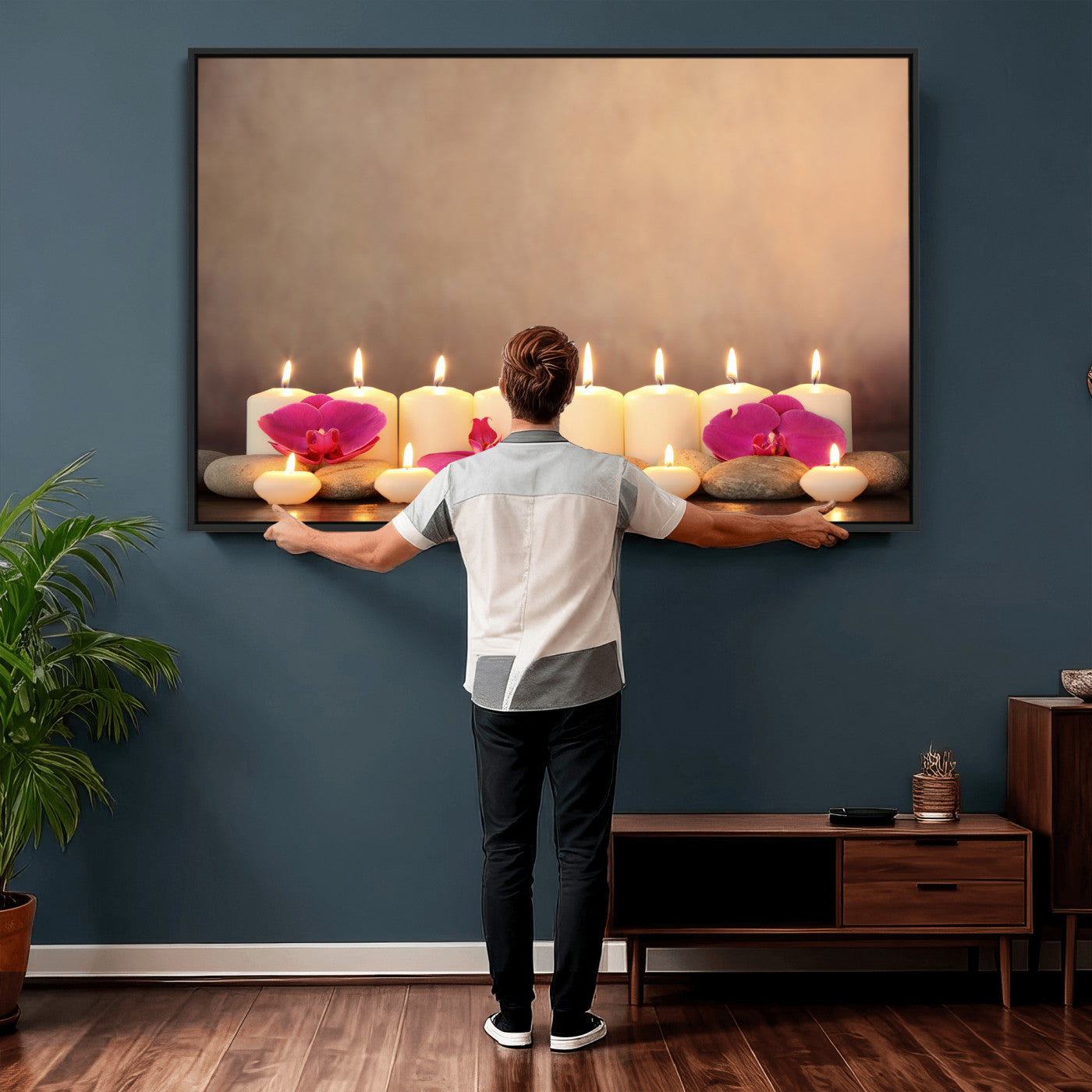 59470569-MGV-CV-36X24 - Spa Candles Orchid Canvas Print | Zen Wellness Relaxation Wall Art | Pink Flower Candlelight Bathroom Decor | Calm Beige Photography