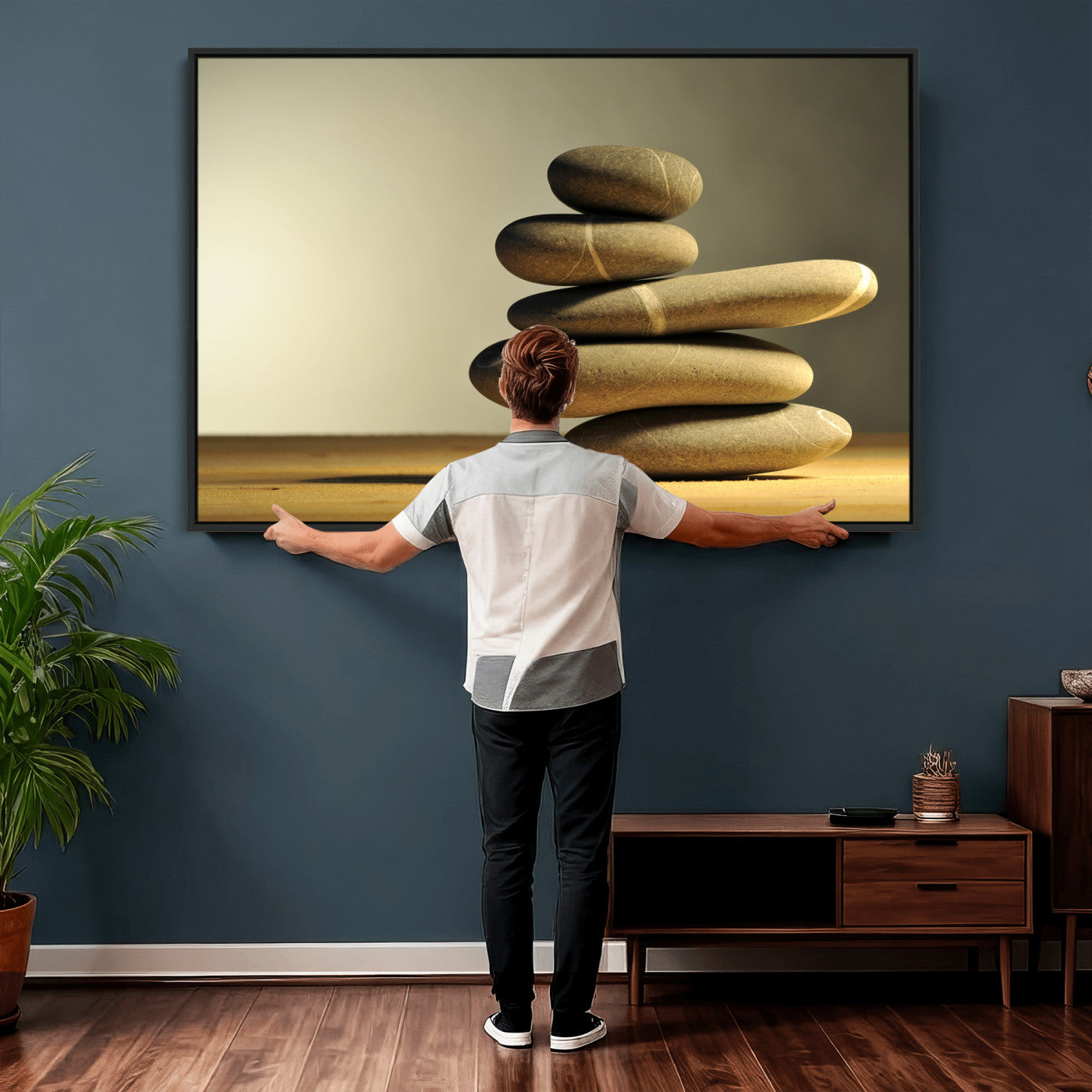 85424263-MGV-CV-36X24 - Zen Stone Wall Art Canvas Print, Balanced Rock Stack Framed Spa Artwork, Minimalist Meditation Decor for Living Room Bedroom Office Bathroom
