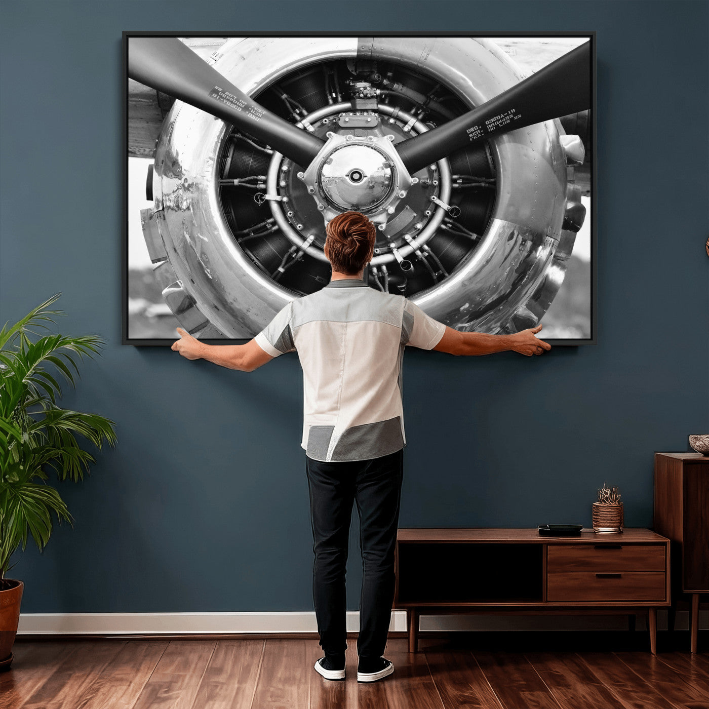 73322230-MGV-CV-36X24 - Vintage Propeller Plane Wall Art Canvas Print, Black and White Airplane Engine Close Up Framed Aviation Artwork for Pilot Office Hangar Decor