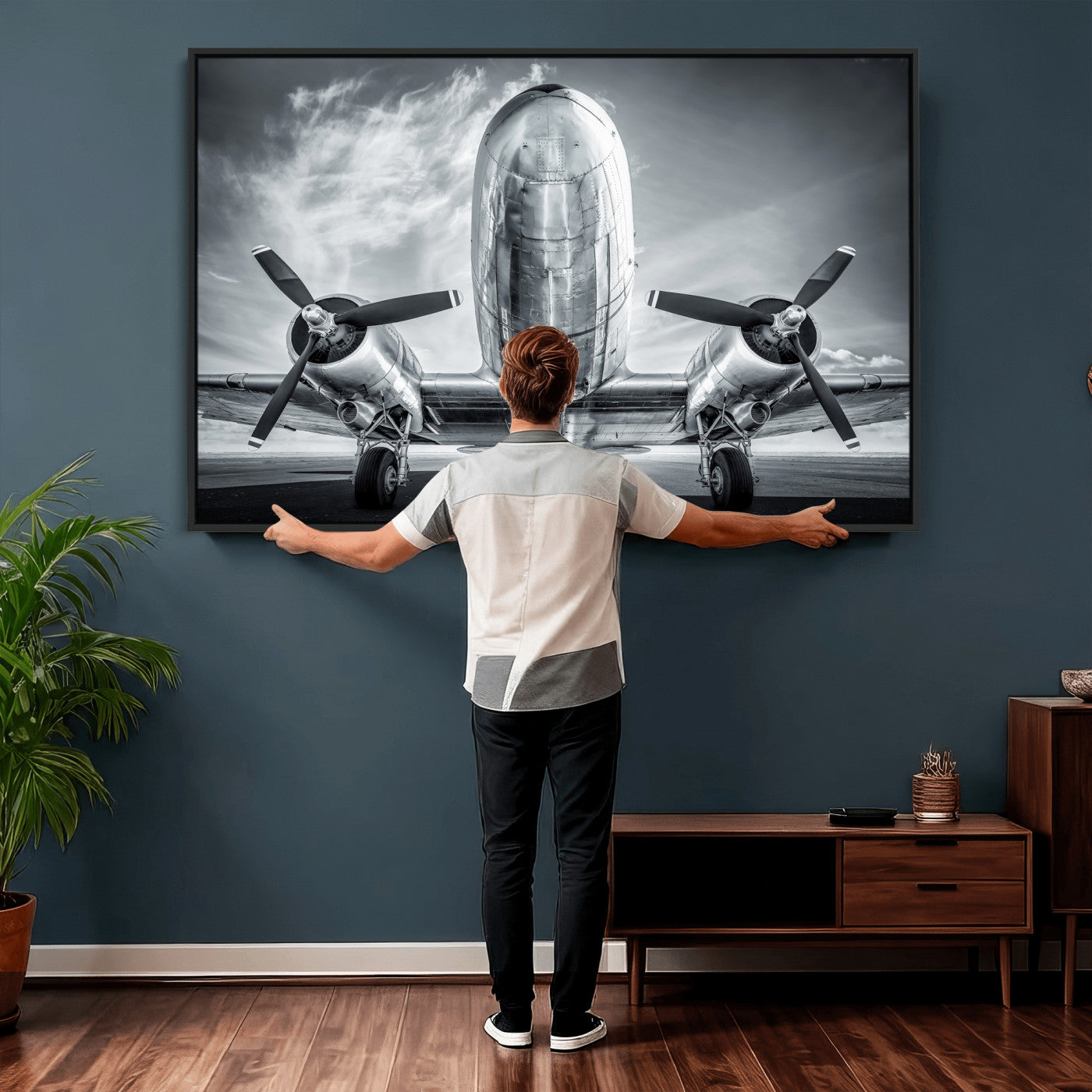 59729636-MGV-CV-36X24 - Vintage Propeller Plane Wall Art Canvas Print, Black and White Airplane Engine Close Up Framed Aviation Artwork for Pilot Office Hangar Decor