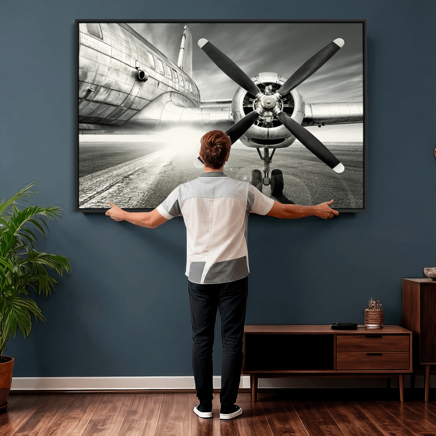 16420255-MGV-CV-36X24 - Vintage Airplane Wall Art Canvas Print, Black and White Propeller Aircraft Framed Aviation Artwork for Pilot Office Hangar Living Room Decor