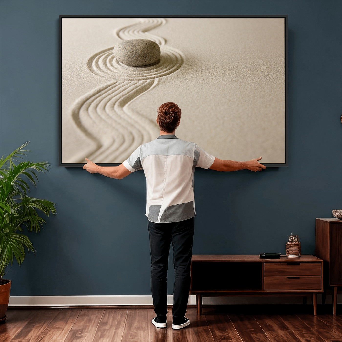 66852661-MGV-CV-36X24 - Zen Garden Stone Sand Canvas | Japanese Rock Garden Wall Art | Minimalist Meditation Print | Neutral Beige Mindfulness Decor