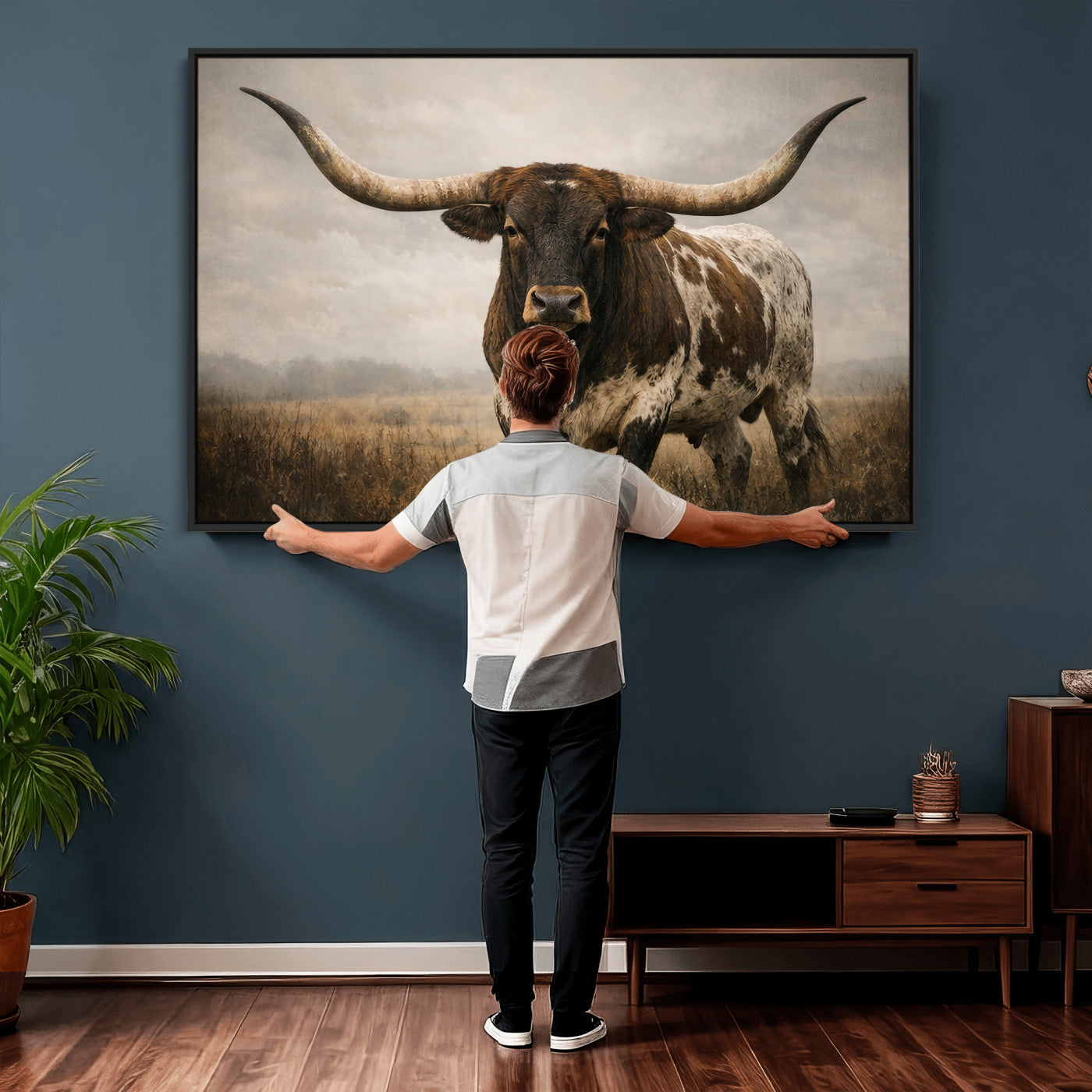 17622011L-MGV-CV-36X24 - Longhorn Bull Wall Art Canvas Print, Western Farmhouse Cowboy Decor, Rustic Texas Ranch Cattle Artwork for Living Room Bedroom Office, Framed Wall Decor