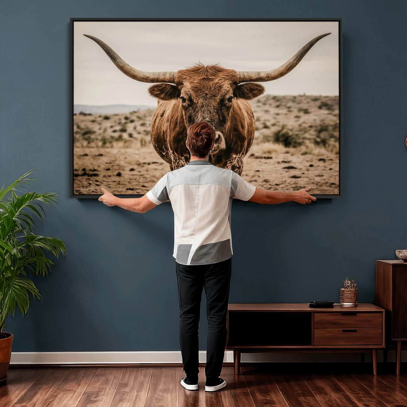 17622011K-MGV-CV-36X24 - Texas Longhorn Bull Wall Art Canvas Print, Western Farmhouse Cowboy Decor, Rustic Texas Ranch Cattle Artwork for Living Room Bedroom Office, Framed Wall Decor
