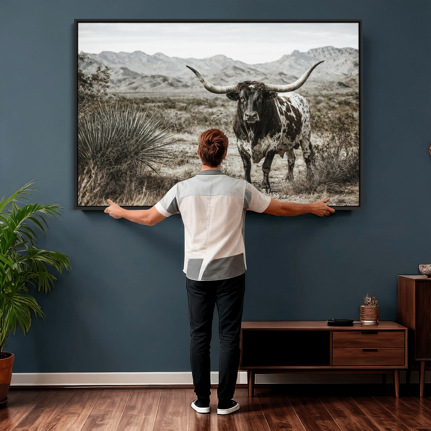17622011H-MGV-CV-36X24 - Texas Longhorn Bull Wall Art Canvas Print, Western Farmhouse Cowboy Decor, Rustic Texas Ranch Cattle Artwork for Living Room Bedroom Office, Framed Wall Decor