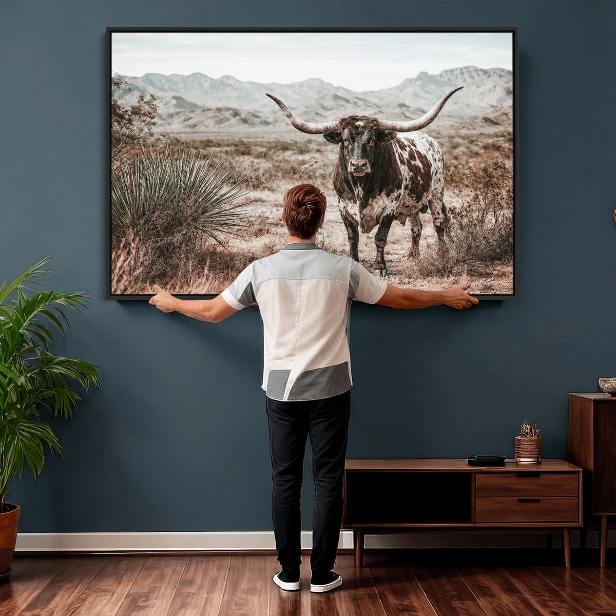 17622011H-MGV-CV-36X24 - Texas Longhorn Bull Wall Art Canvas Print, Western Farmhouse Cowboy Decor, Rustic Texas Ranch Cattle Artwork for Living Room Bedroom Office, Framed Wall Decor