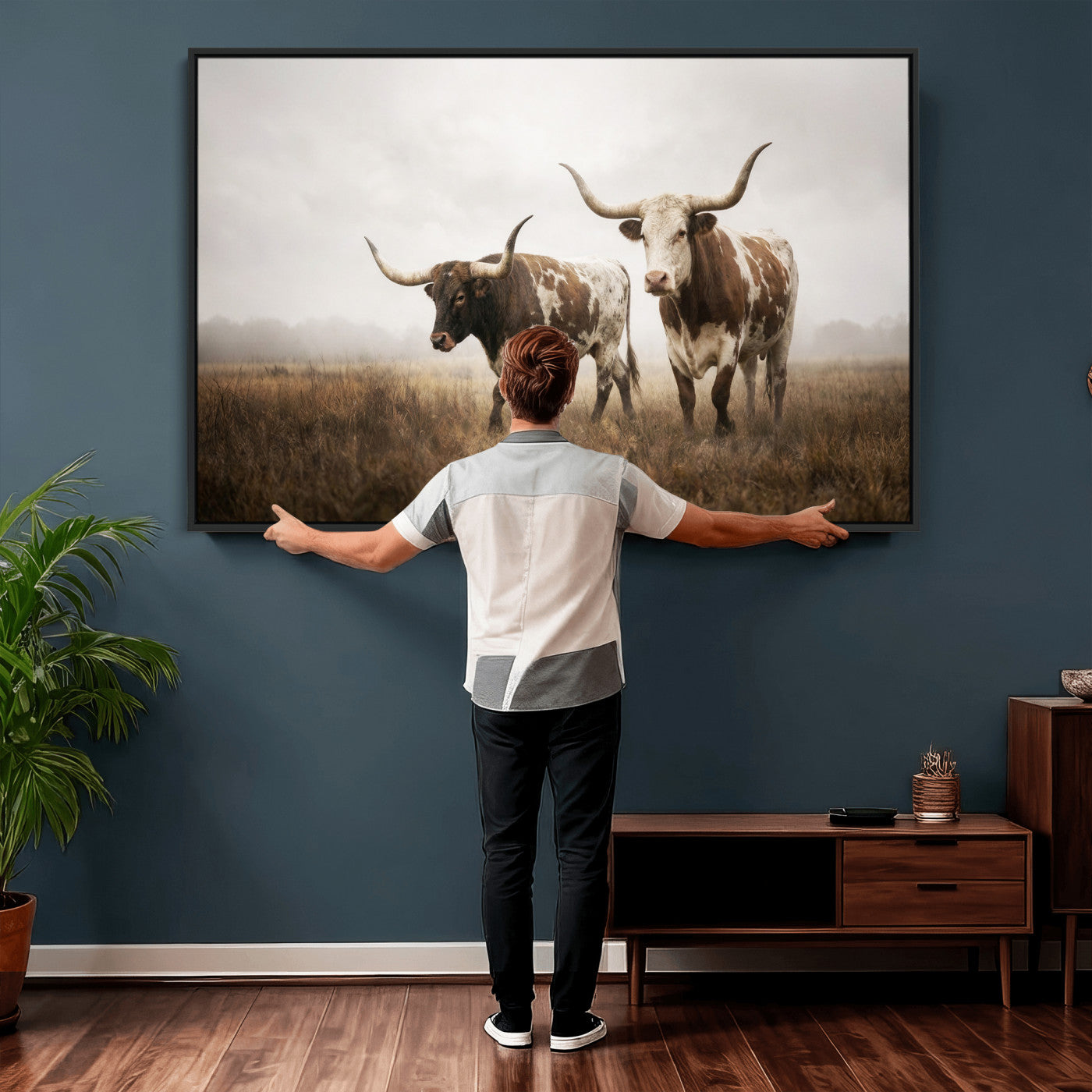 92881702-MGV-CV-36X24 - Texas Longhorn Canvas Wall Art Western Bull Desert Moody Grey Overcast Rustic Farmhouse Framed Large for Living Room Bedroom Office Decor