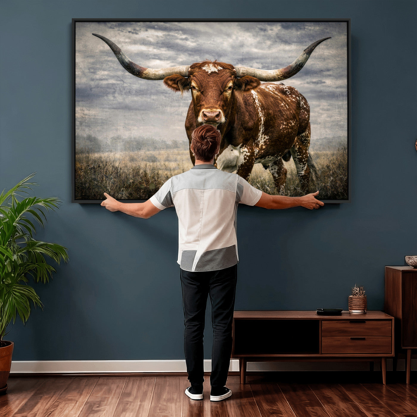 14372769-MGV-CV-36X24 - Texas Longhorn Canvas Wall Art Western Bull Desert Moody Grey Overcast Rustic Farmhouse Framed Large for Living Room Bedroom Office Decor
