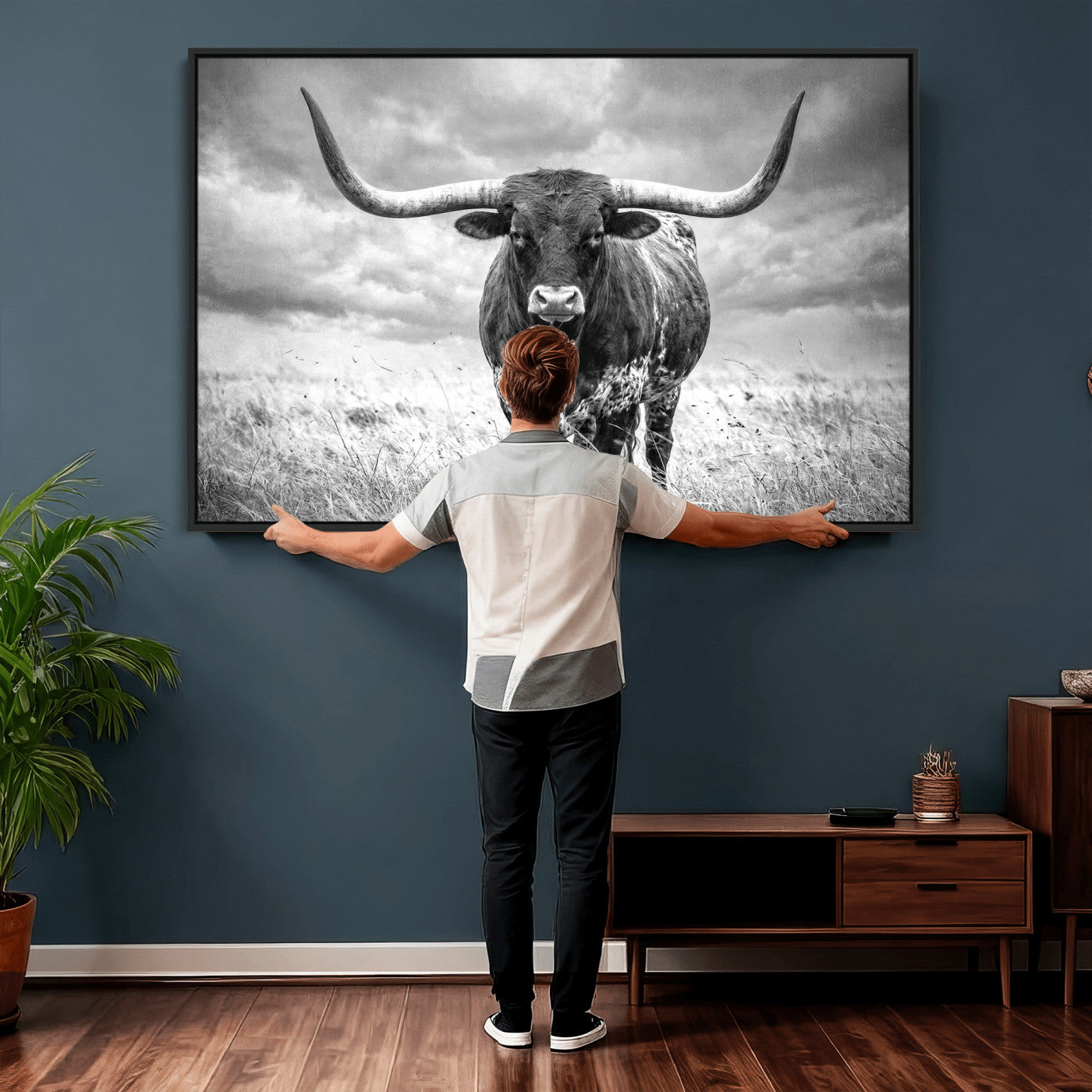 63336115-MGV-CV-36X24 - Texas Longhorn Canvas Wall Art Western Bull Desert Moody Grey Overcast Rustic Farmhouse Framed Large for Living Room Bedroom Office Decor
