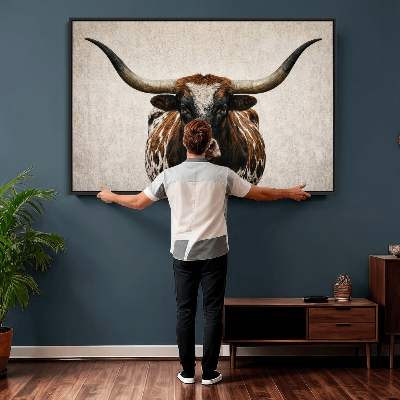 58622065-MGV-CV-36X24 - Texas Longhorn Canvas Wall Art Western Bull Desert Moody Grey Overcast Rustic Farmhouse Framed Large for Living Room Bedroom Office Decor