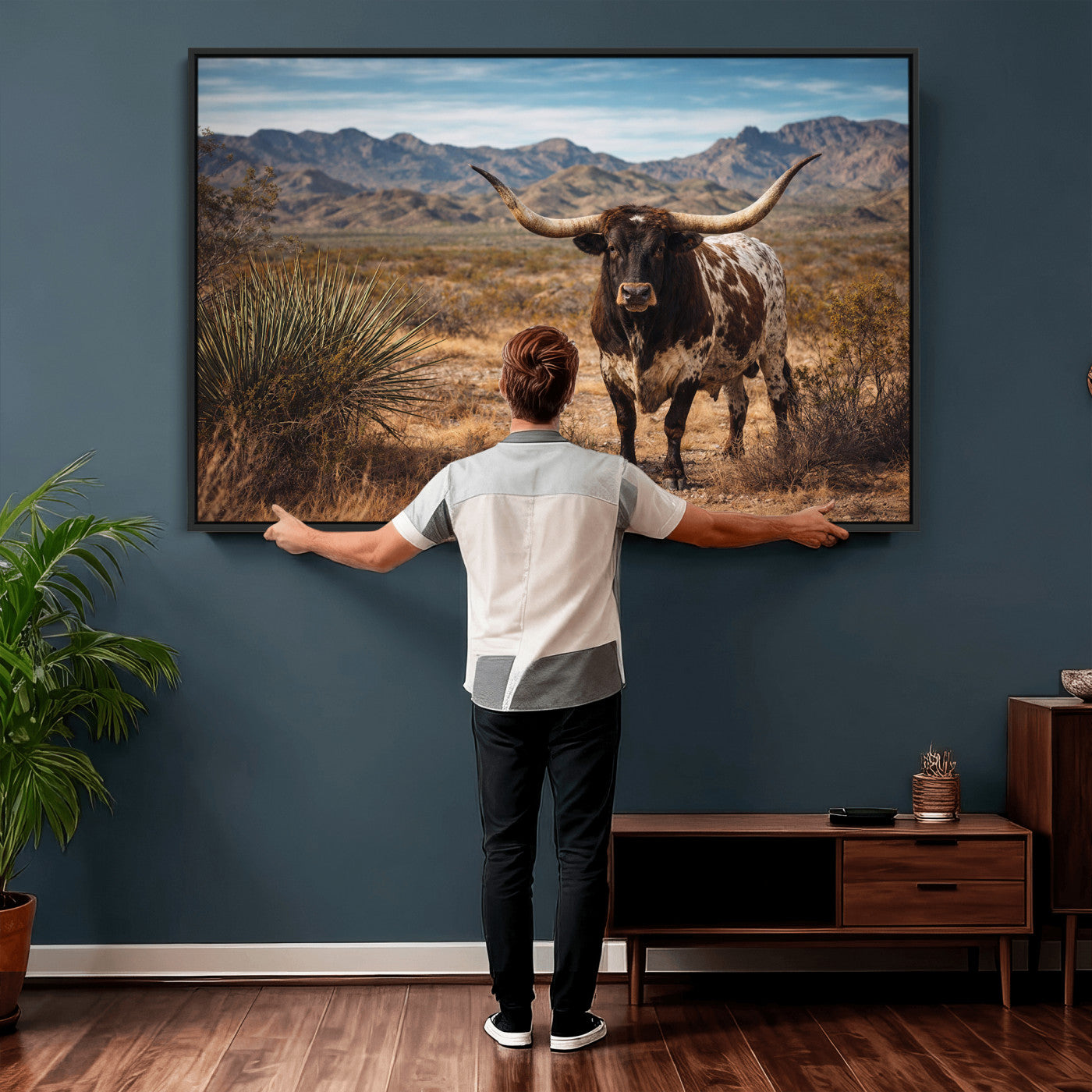 26448918-MGV-CV-36X24 - Texas Longhorn Canvas Wall Art Western Bull Desert Moody Grey Overcast Rustic Farmhouse Framed Large for Living Room Bedroom Office Decor