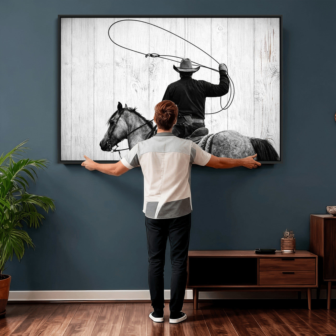 22569358-MGV-CV-36X24 - Cowboy Lasso Canvas Wall Art, Black White Western Horse Photo Print, Rustic Ranch Rodeo Decor, Farmhouse Western Art, Cowboy Gift for Him