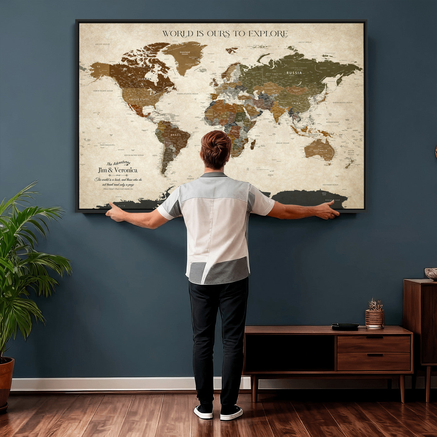 64110391126O-MGV-CV-36X24 - Custom Push Pin World Map Wall Art Canvas Print – Personalized Travel Tracker with Pins Framed Large for Home and Office Decor